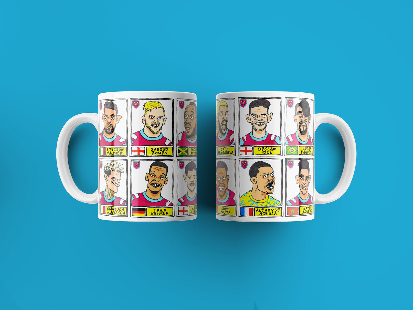 West Ham Vol 2 No Score Draws Mug Set - Set of TWO 11oz Ceramic Mugs with 24 Wonky Panini-doodles of WHU's 22/23 Conference League Winners