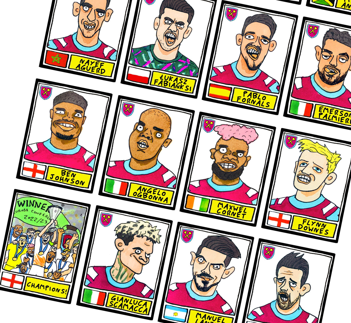 West Ham Vol 2 - No Score Draws Prague '23 Edition - A3 print of 24 hand-drawn Wonky Panini-Doodles Of WHU's 22-23 Conference League Winners