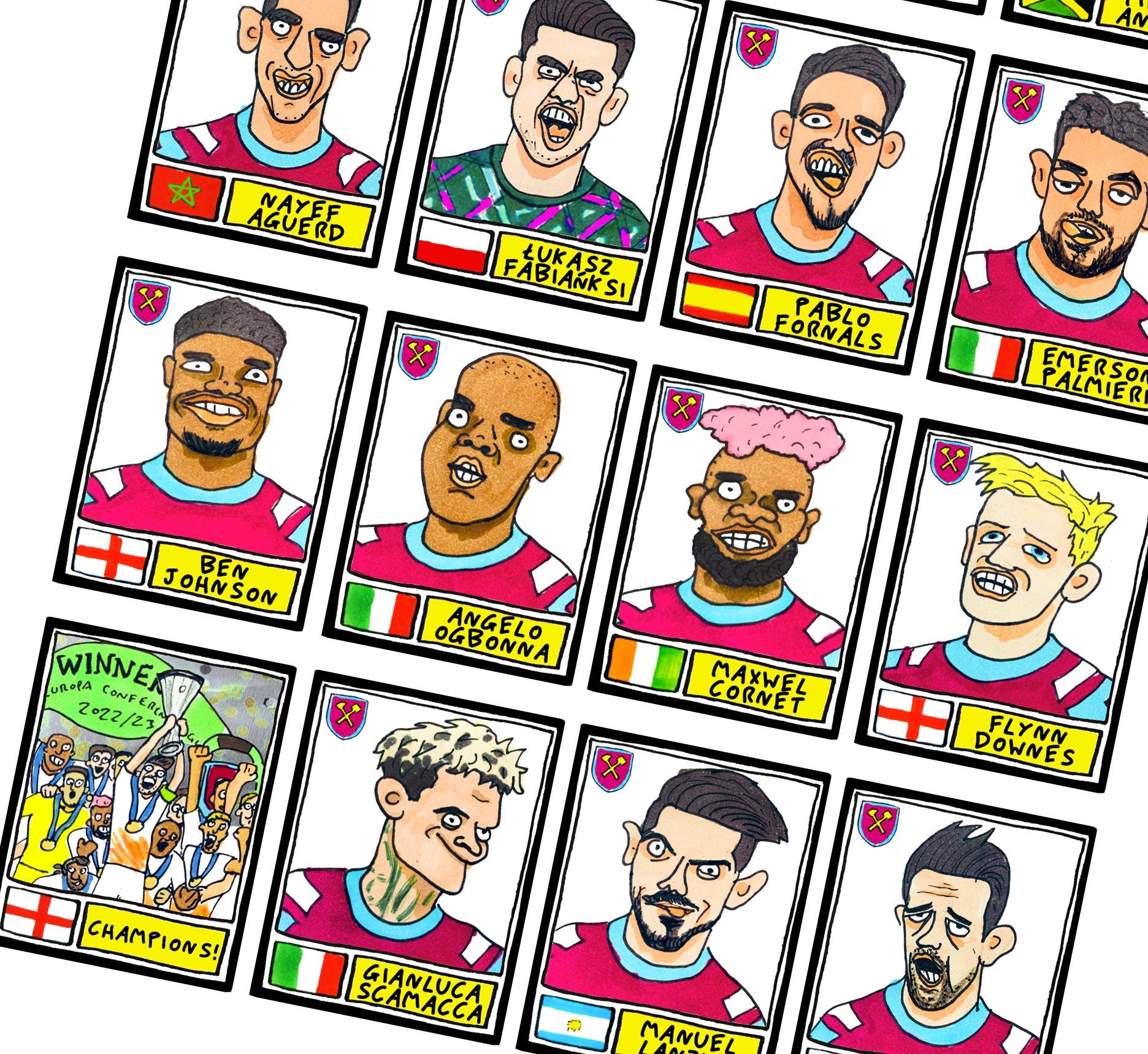 West Ham Vol 2 - No Score Draws Prague '23 Edition - A3 print of 24 hand-drawn Wonky Panini-Doodles Of WHU's 22-23 Conference League Winners