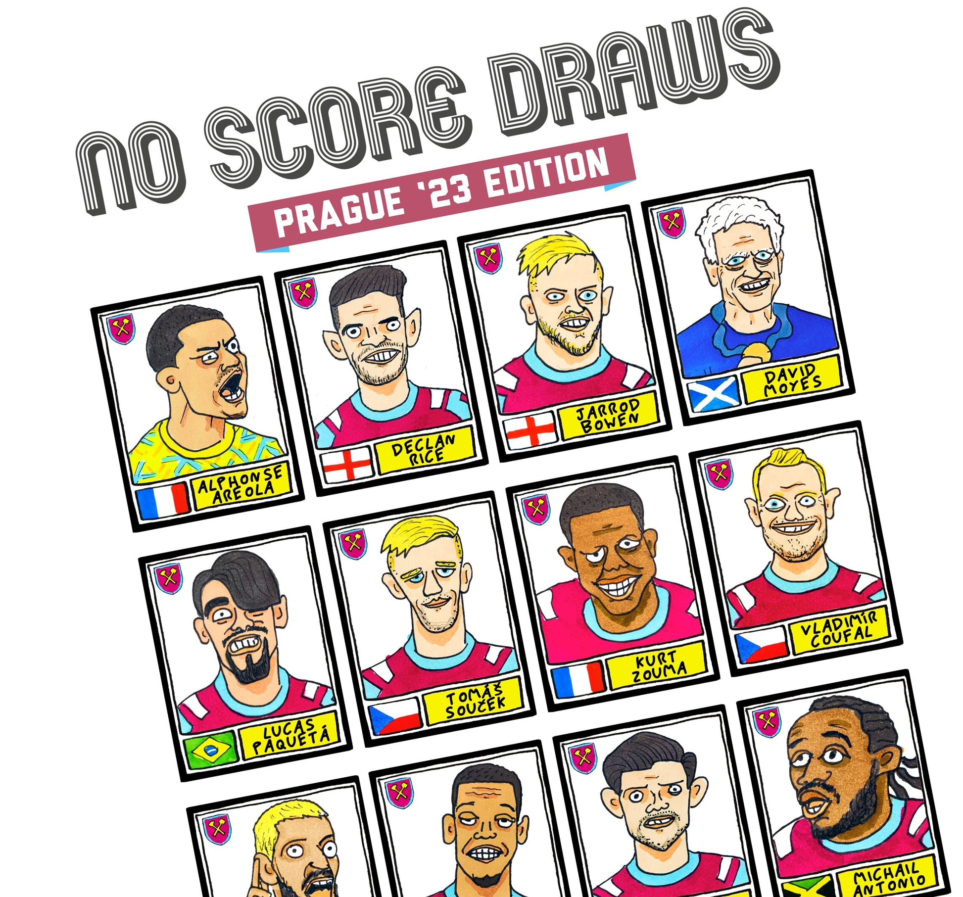 West Ham Vol 2 - No Score Draws Prague '23 Edition - A3 print of 24 hand-drawn Wonky Panini-Doodles Of WHU's 22-23 Conference League Winners