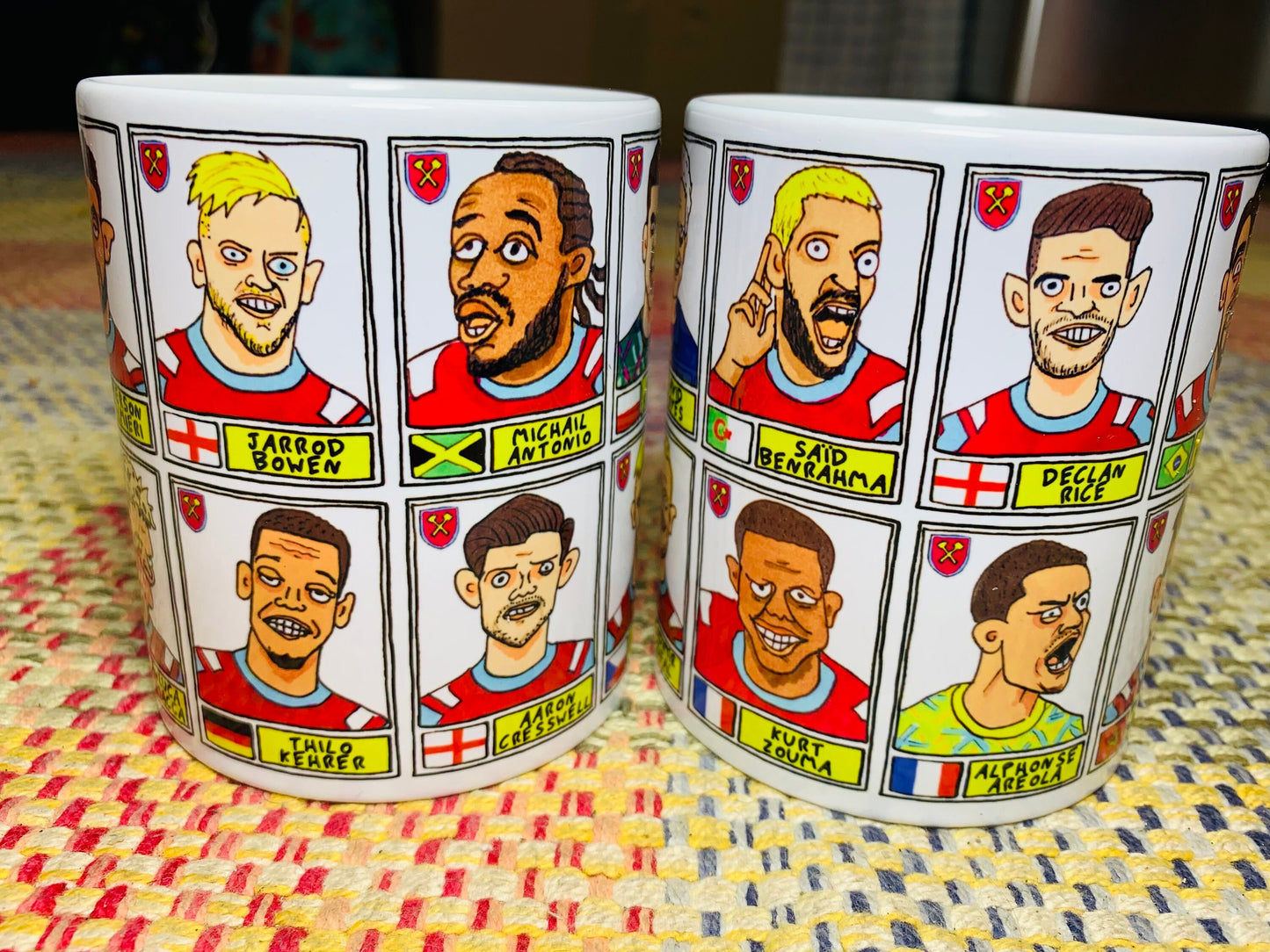 West Ham Vol 2 No Score Draws Mug Set - Set of TWO 11oz Ceramic Mugs with 24 Wonky Panini-doodles of WHU's 22/23 Conference League Winners