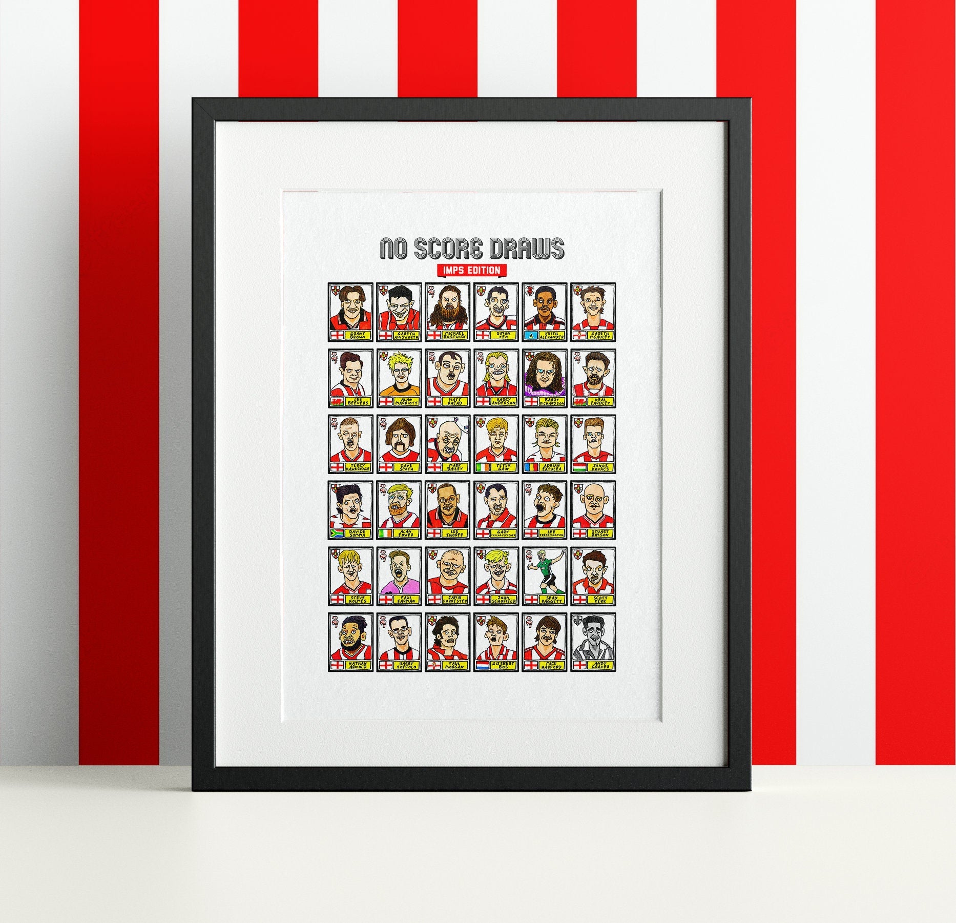 Lincoln City - No Score Draws Imps Edition - A3 print of 36 hand-drawn Wonky Panini-Style Doodles Of Various LCFC Legends & Cult Herroes