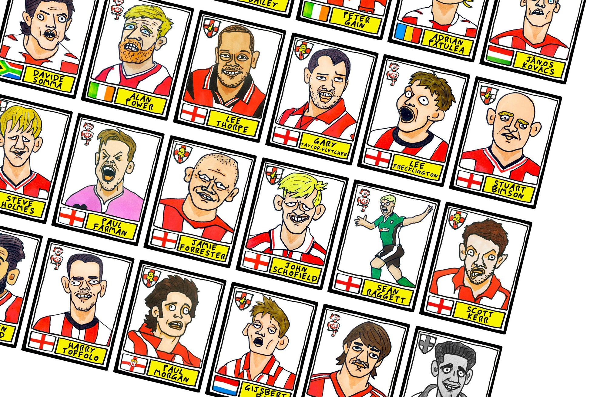 Lincoln City - No Score Draws Imps Edition - A3 print of 36 hand-drawn Wonky Panini-Style Doodles Of Various LCFC Legends & Cult Herroes