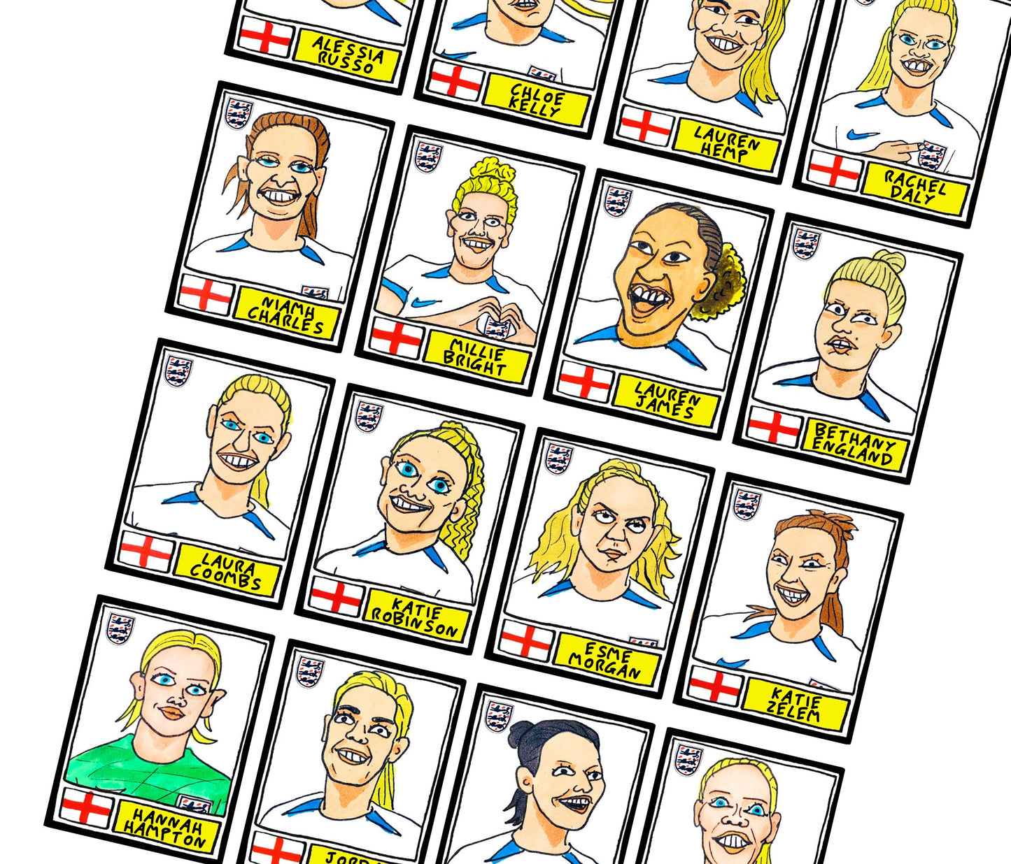 England Lionesses Vol 2 - No Score Draws Lionesses '23 Edition -A3 print of 24 wonky Panini-style doodles of England World Cup 2023 Squad