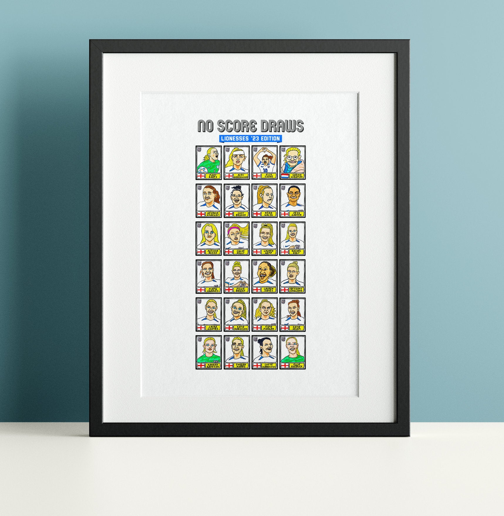 England Lionesses Vol 2 - No Score Draws Lionesses '23 Edition -A3 print of 24 wonky Panini-style doodles of England World Cup 2023 Squad