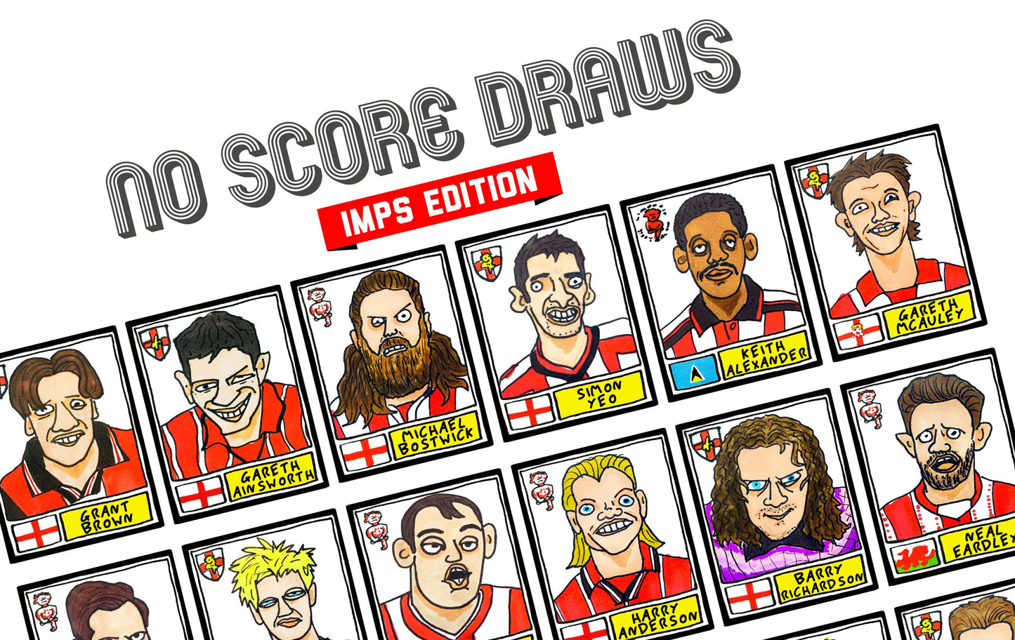 Lincoln City - No Score Draws Imps Edition - A3 print of 36 hand-drawn Wonky Panini-Style Doodles Of Various LCFC Legends & Cult Herroes