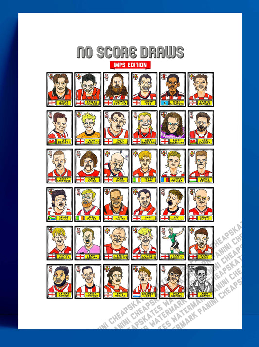 Lincoln City - No Score Draws Imps Edition - A3 print of 36 hand-drawn Wonky Panini-Style Doodles Of Various LCFC Legends & Cult Herroes