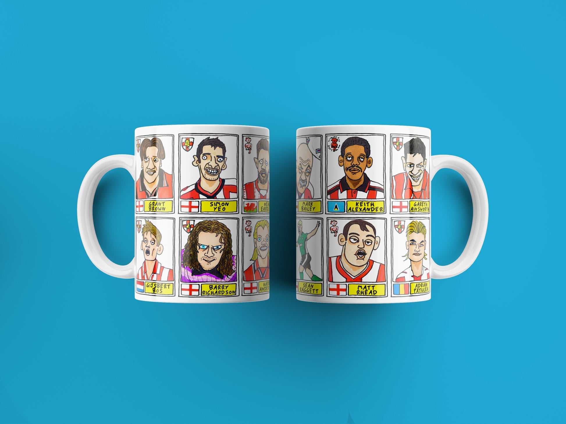 Lincoln City No Score Draws Mug Set - Set of TWO 11oz Ceramic Mugs with Wonky Panini sticker-style No Score Draws Doodles of 24 Imps icons