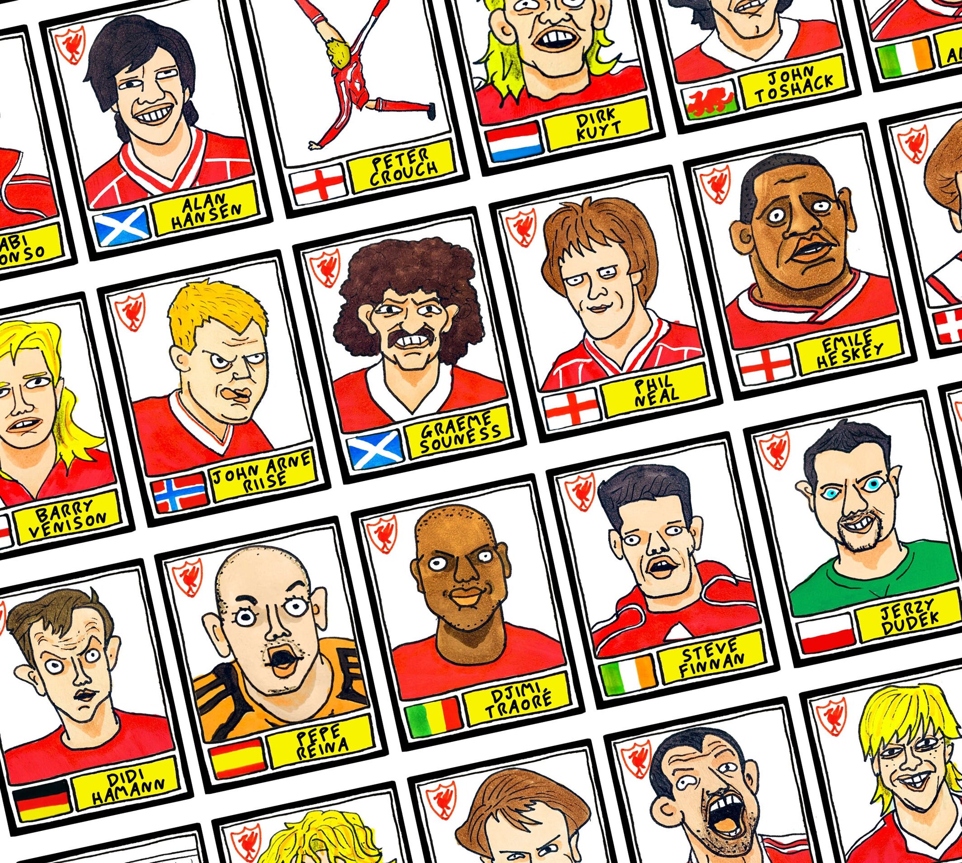 Liverpool Vol 4 - No Score Draws Kop Edition - A3 print of 36 Wonky hand-drawn Panini-style Doodles of Various Liverpool LFC Reds Legends