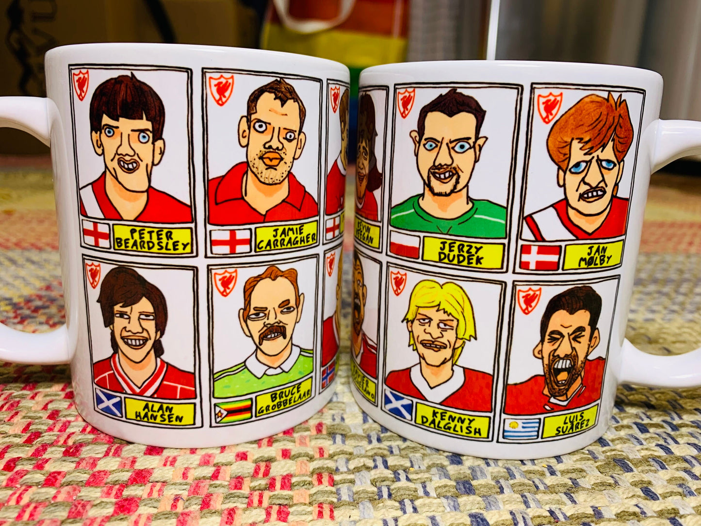 Liverpool Vol 4 No Score Draws Mug Set - Set of TWO 11oz Ceramic Mugs with Wonky Panini sticker-style Doodles Of Various LFC Legends & Icons