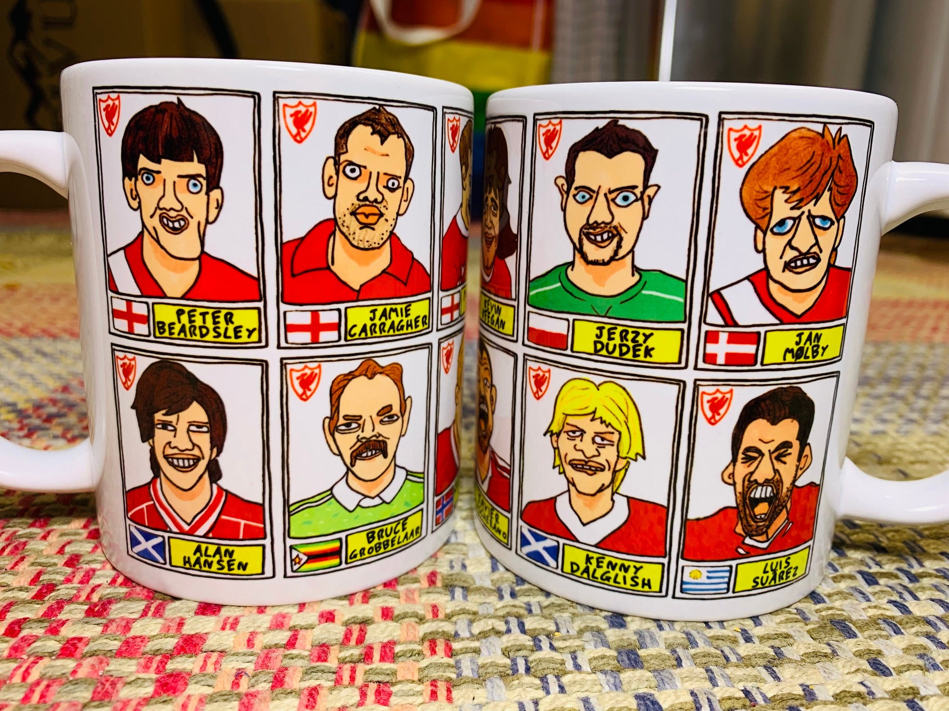 Liverpool Vol 4 No Score Draws Mug Set - Set of TWO 11oz Ceramic Mugs with Wonky Panini sticker-style Doodles Of Various LFC Legends & Icons