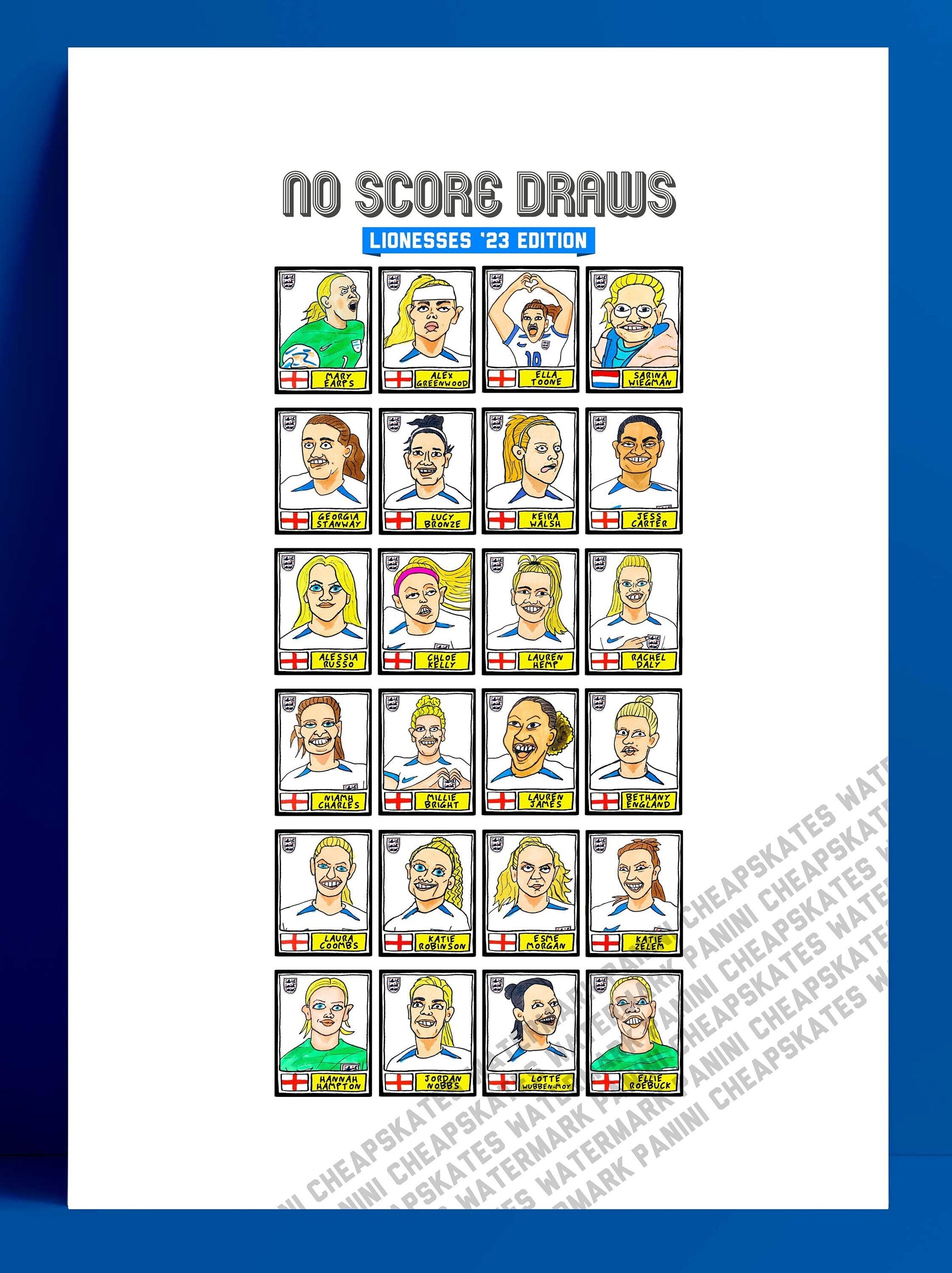 England Lionesses Vol 2 - No Score Draws Lionesses '23 Edition -A3 print of 24 wonky Panini-style doodles of England World Cup 2023 Squad