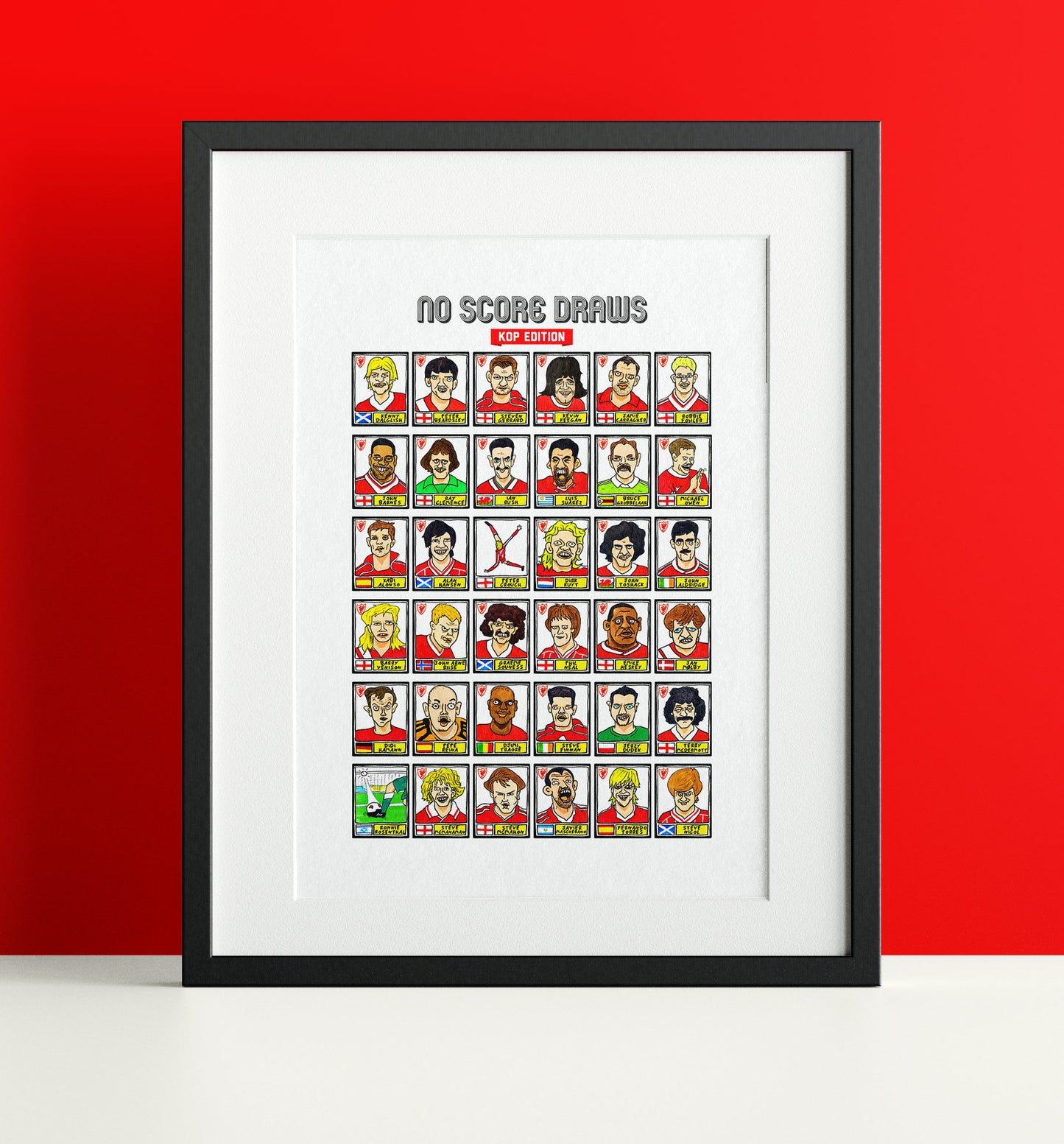 Liverpool Vol 4 - No Score Draws Kop Edition - A3 print of 36 Wonky hand-drawn Panini-style Doodles of Various Liverpool LFC Reds Legends