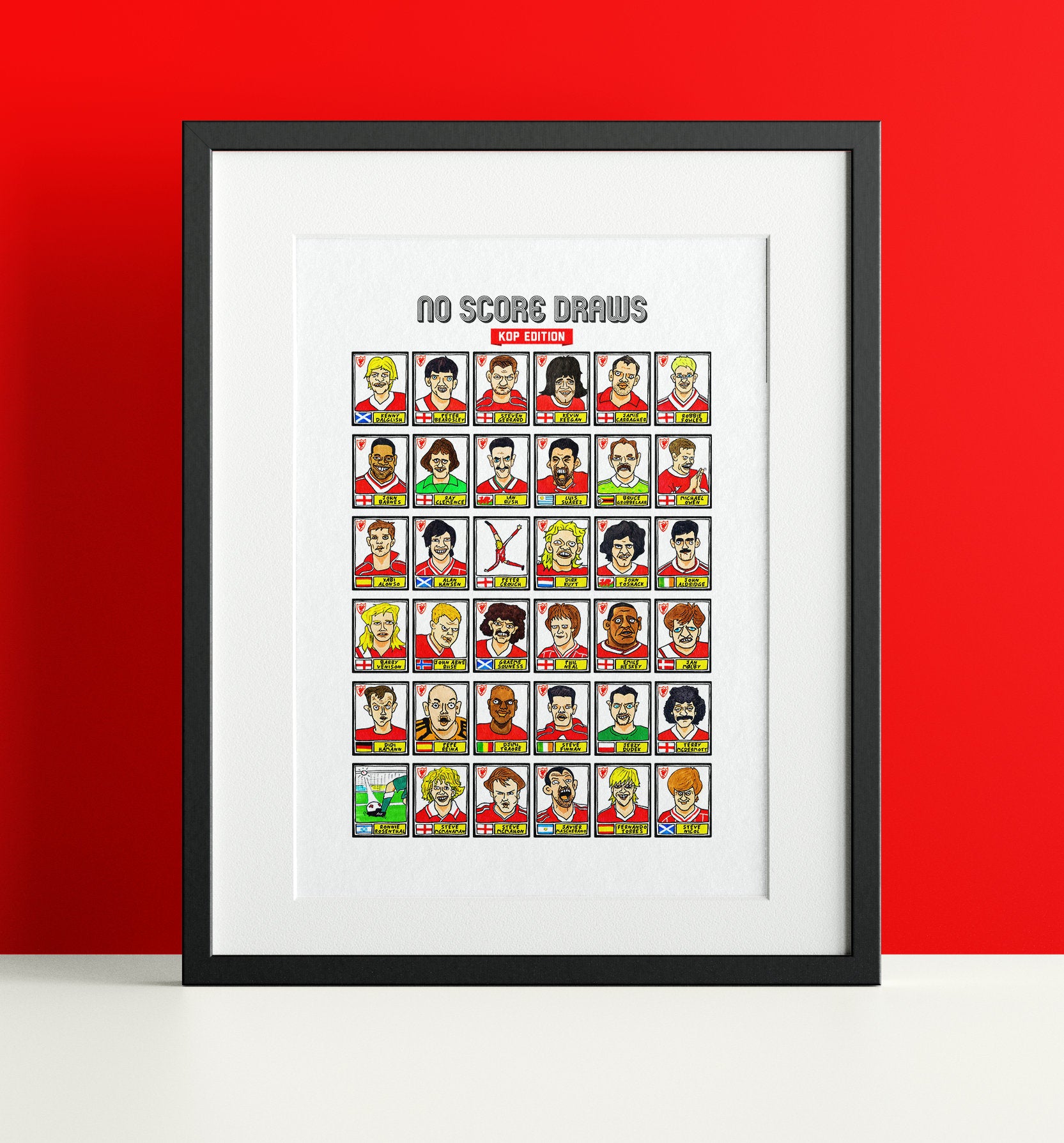 Liverpool Vol 4 - No Score Draws Kop Edition - A3 print of 36 Wonky hand-drawn Panini-style Doodles of Various Liverpool LFC Reds Legends
