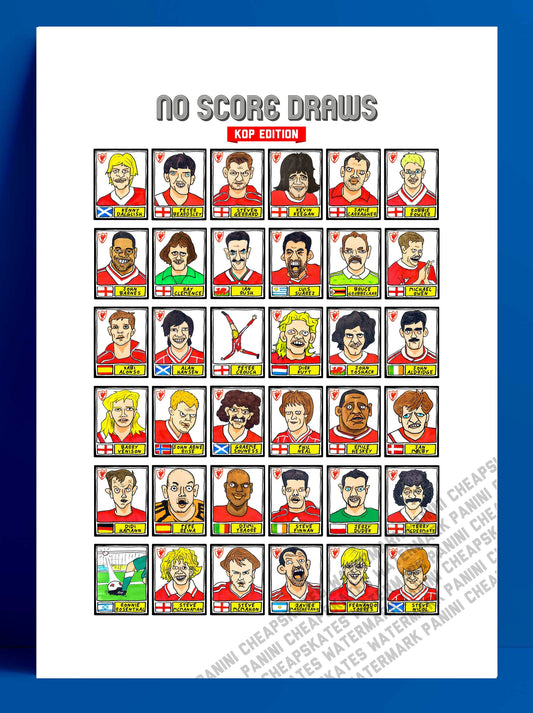 Liverpool Vol 4 - No Score Draws Kop Edition - A3 print of 36 Wonky hand-drawn Panini-style Doodles of Various Liverpool LFC Reds Legends