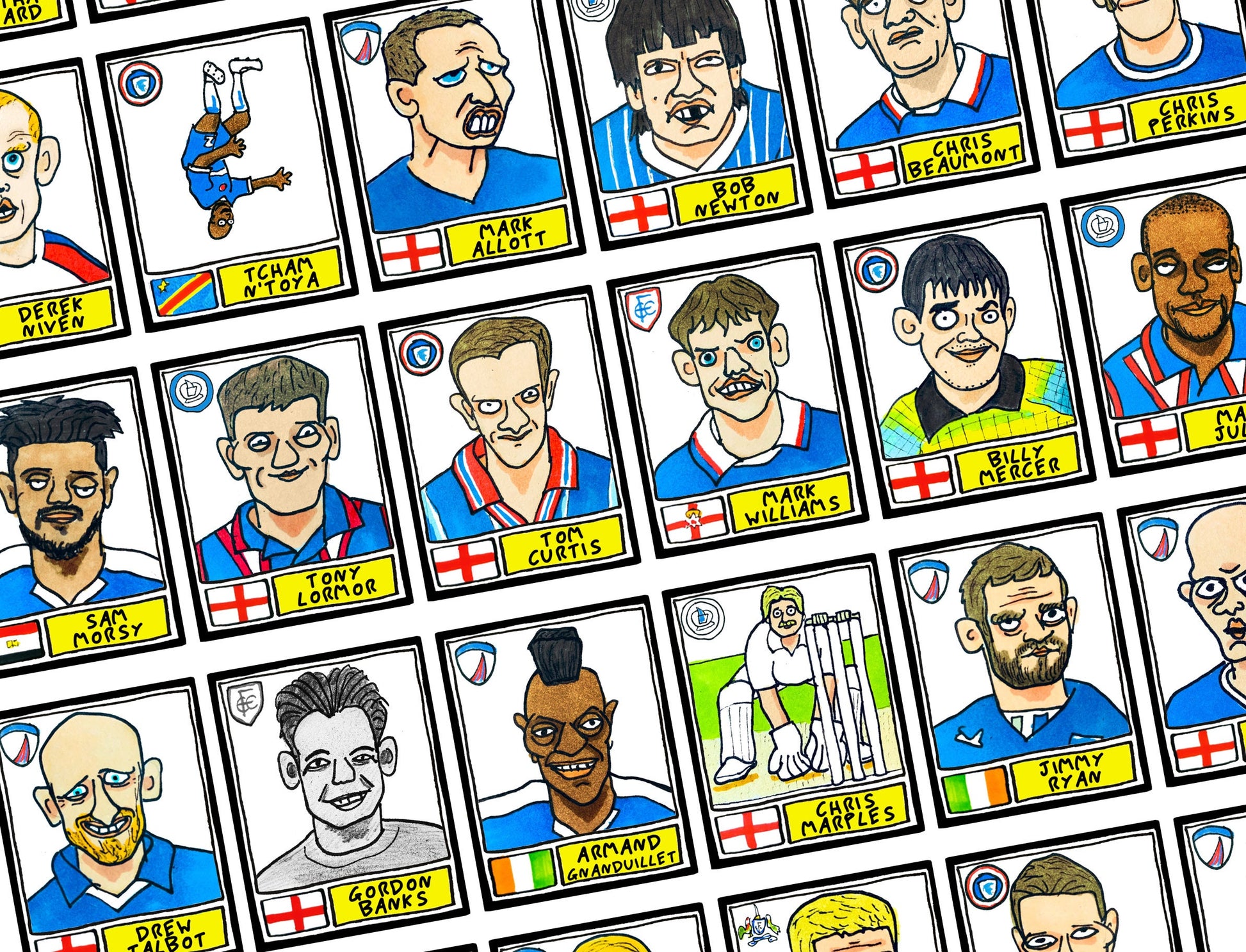 Chesterfield - No Score Draws Spireites Edition - A3 print of 36 hand-drawn Wonky Panini-style Chesterfield Icons - Wonky Football Art