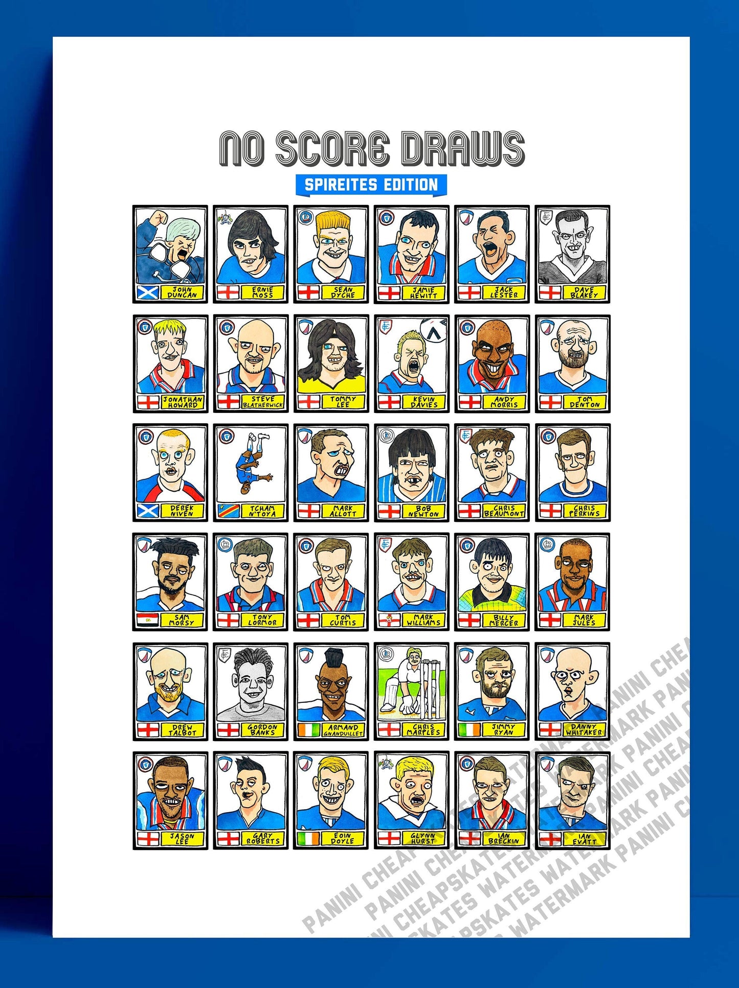 Chesterfield - No Score Draws Spireites Edition - A3 print of 36 hand-drawn Wonky Panini-style Chesterfield Icons - Wonky Football Art