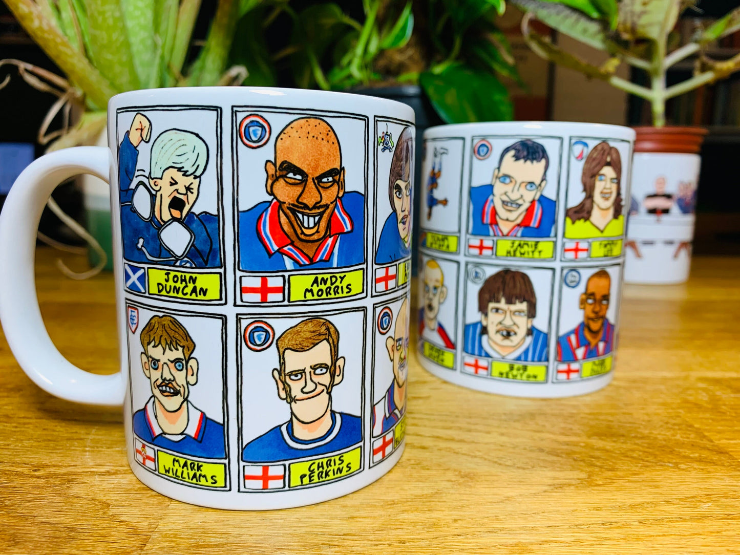 Chesterfield No Score Draws Mug Set - Set of TWO 11oz Ceramic Mugs with Wonky Panini sticker-style Spireites No Score Draws Football Doodles