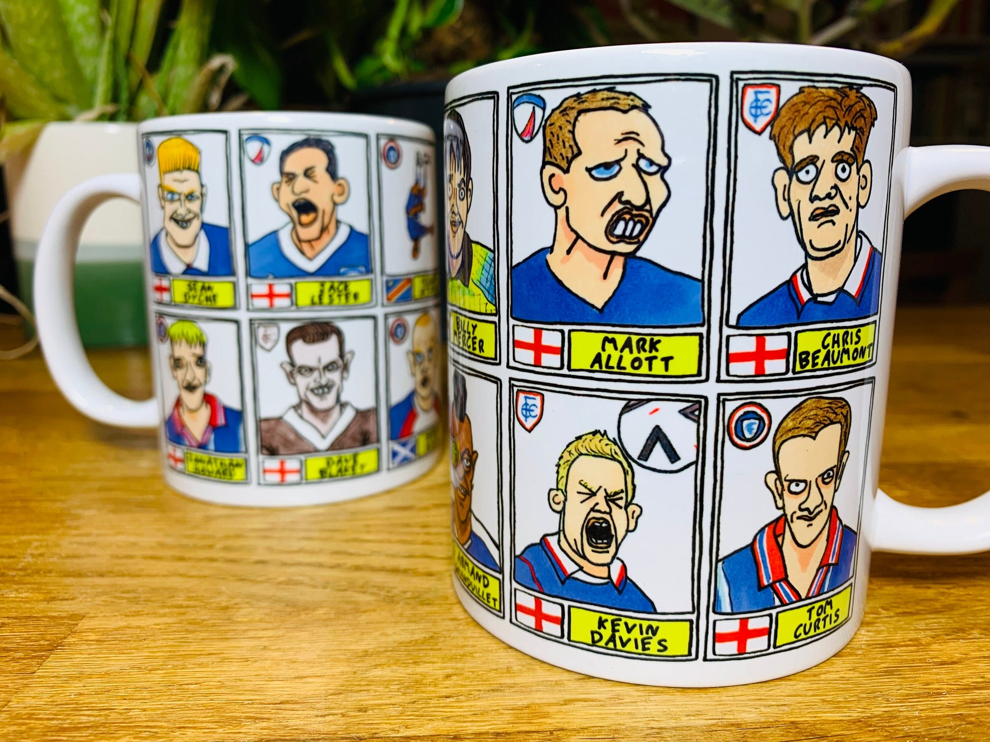 Chesterfield No Score Draws Mug Set - Set of TWO 11oz Ceramic Mugs with Wonky Panini sticker-style Spireites No Score Draws Football Doodles