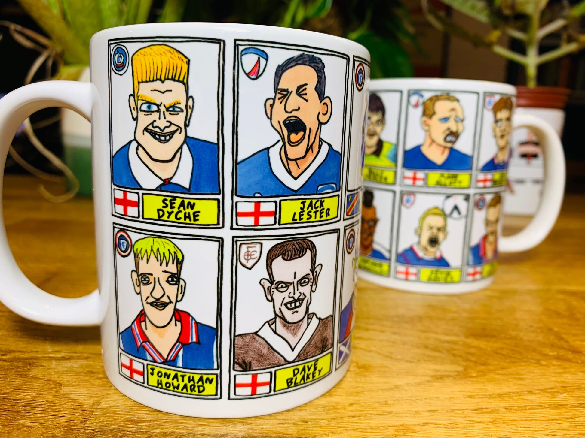 Chesterfield No Score Draws Mug Set - Set of TWO 11oz Ceramic Mugs with Wonky Panini sticker-style Spireites No Score Draws Football Doodles