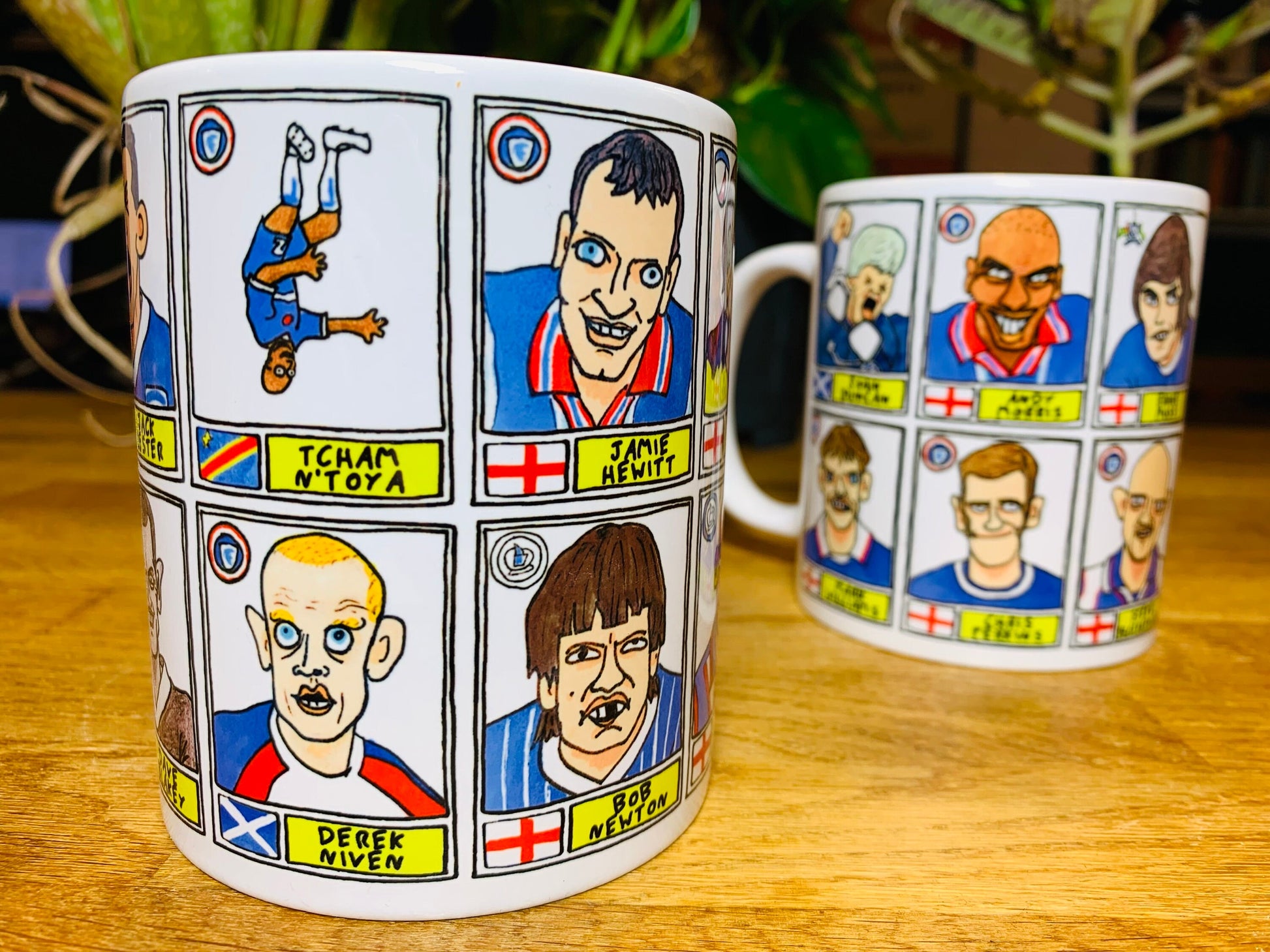 Chesterfield No Score Draws Mug Set - Set of TWO 11oz Ceramic Mugs with Wonky Panini sticker-style Spireites No Score Draws Football Doodles