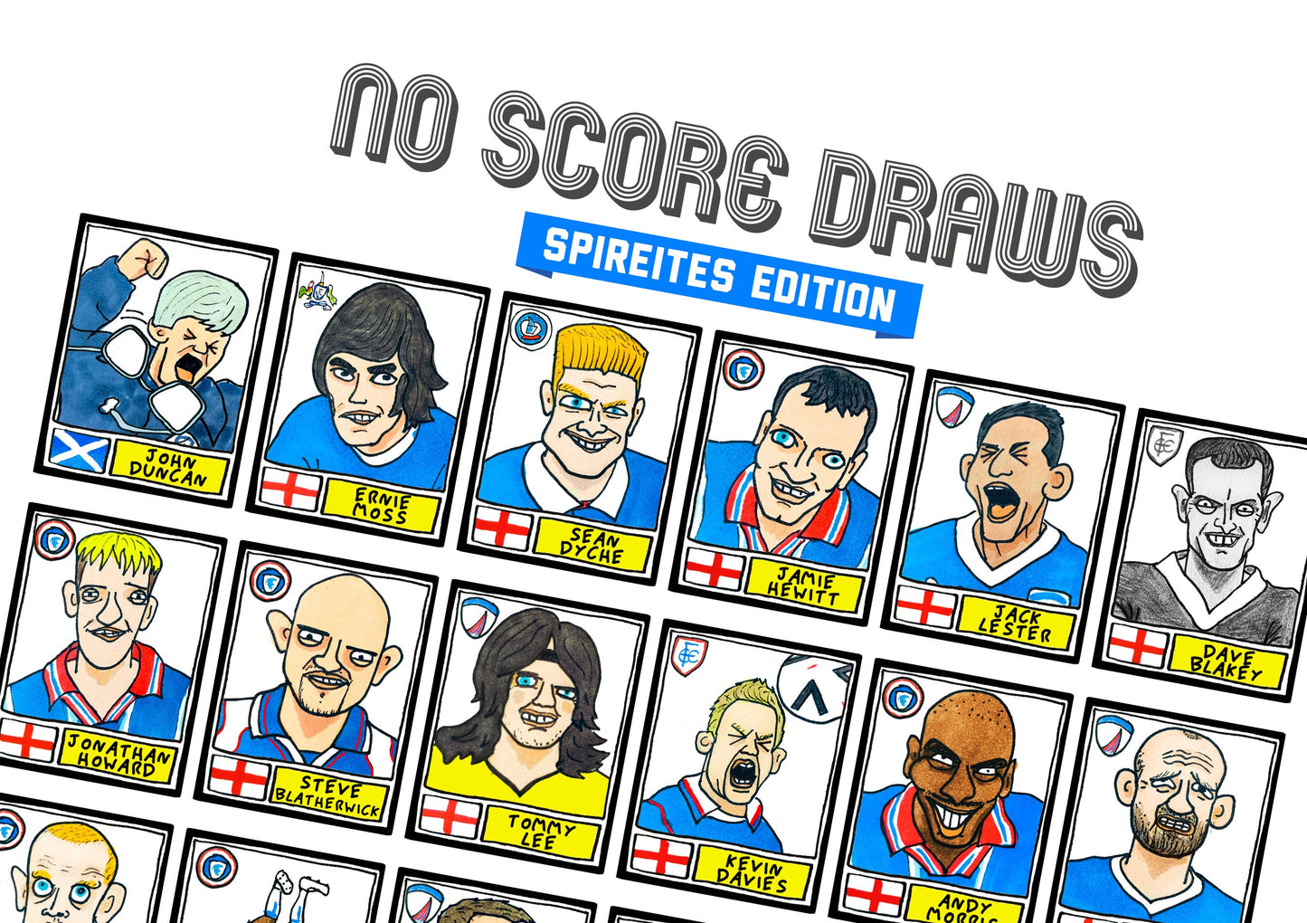 Chesterfield - No Score Draws Spireites Edition - A3 print of 36 hand-drawn Wonky Panini-style Chesterfield Icons - Wonky Football Art