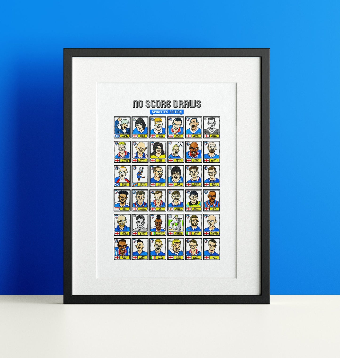 Chesterfield - No Score Draws Spireites Edition - A3 print of 36 hand-drawn Wonky Panini-style Chesterfield Icons - Wonky Football Art