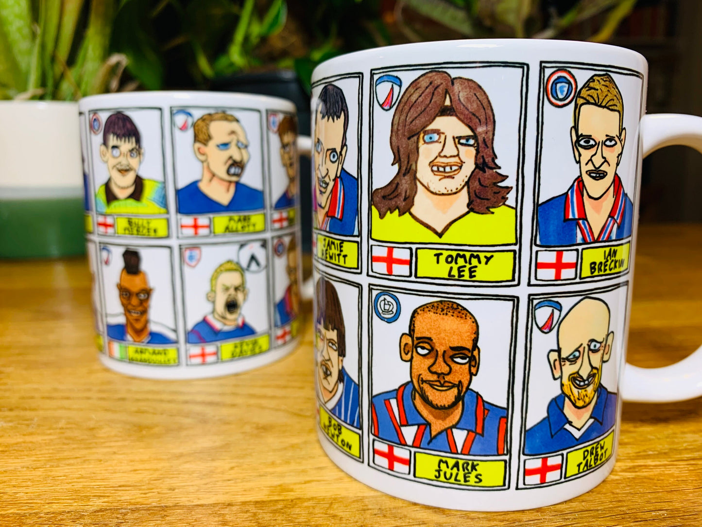 Chesterfield No Score Draws Mug Set - Set of TWO 11oz Ceramic Mugs with Wonky Panini sticker-style Spireites No Score Draws Football Doodles