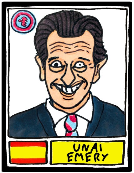 Aston Villa Volume 2 - No Score Draws Emery Edition - A3 print of 25 Wonky Panini-style football doodles of Unai Emery's 23-24 AVFC Side