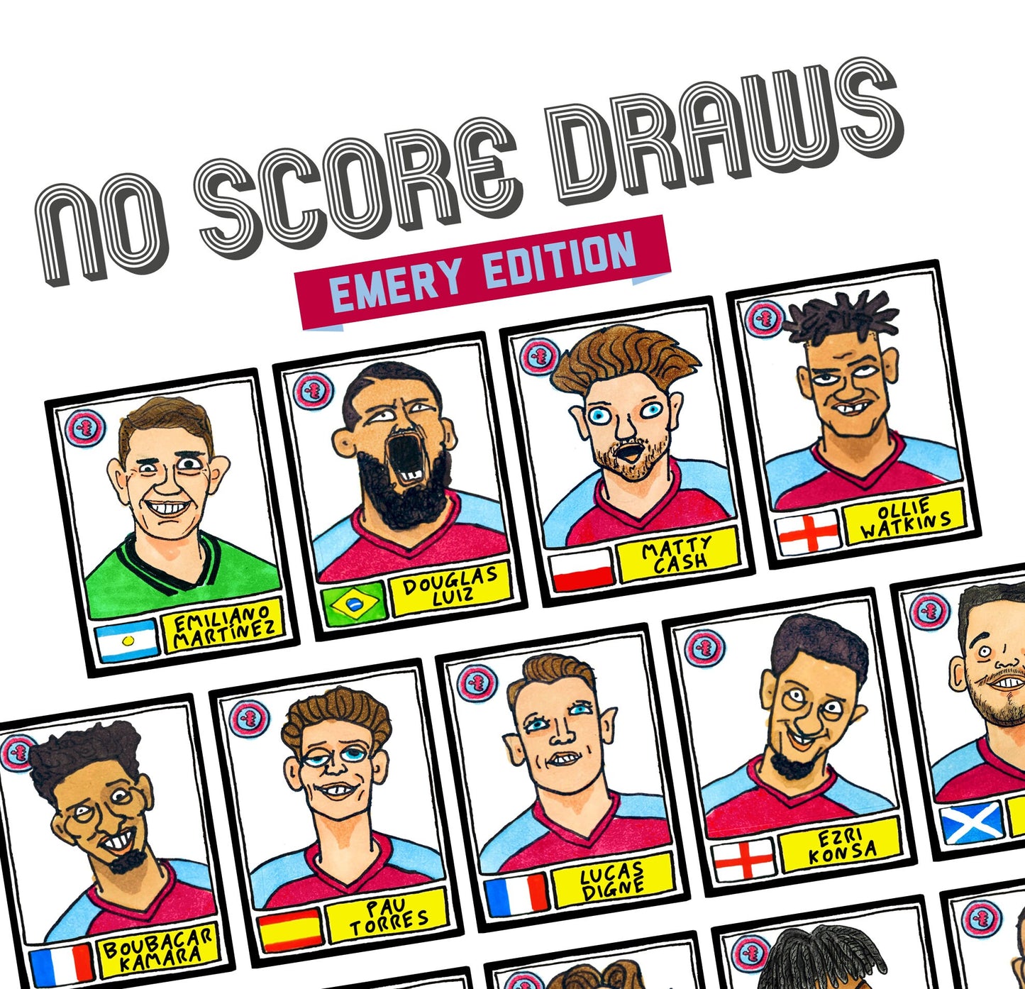 Aston Villa Volume 2 - No Score Draws Emery Edition - A3 print of 25 Wonky Panini-style football doodles of Unai Emery's 23-24 AVFC Side