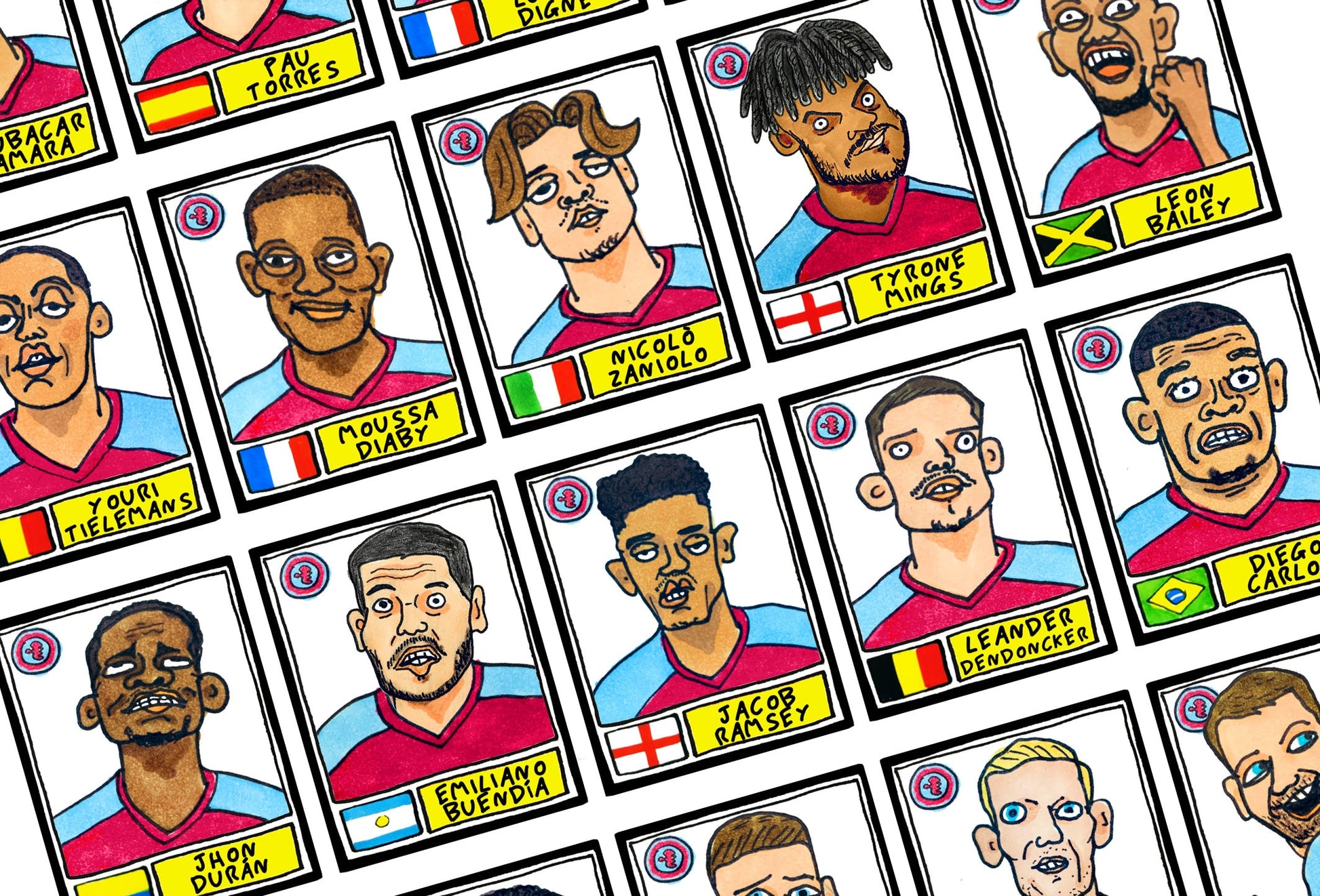 Aston Villa Volume 2 - No Score Draws Emery Edition - A3 print of 25 Wonky Panini-style football doodles of Unai Emery's 23-24 AVFC Side