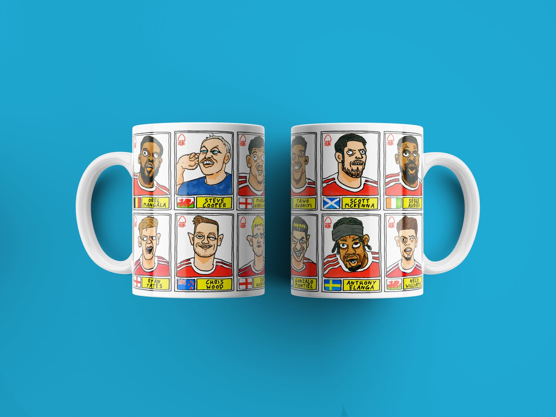 Nottingham Forest Vol 4 No Score Draws Mug Set - Set of TWO 11oz Ceramic Mugs with Wonky Panini-doodles of NFFC's 23/24 Premier League Squad