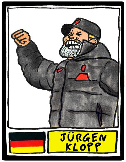 Liverpool Vol 5 - No Score Draws Klopp 23-24 Edition - A3 print of 25 hand-drawn Panini-style Doodles of Jurgen Klopp's LFC 23-24 EPL Squad