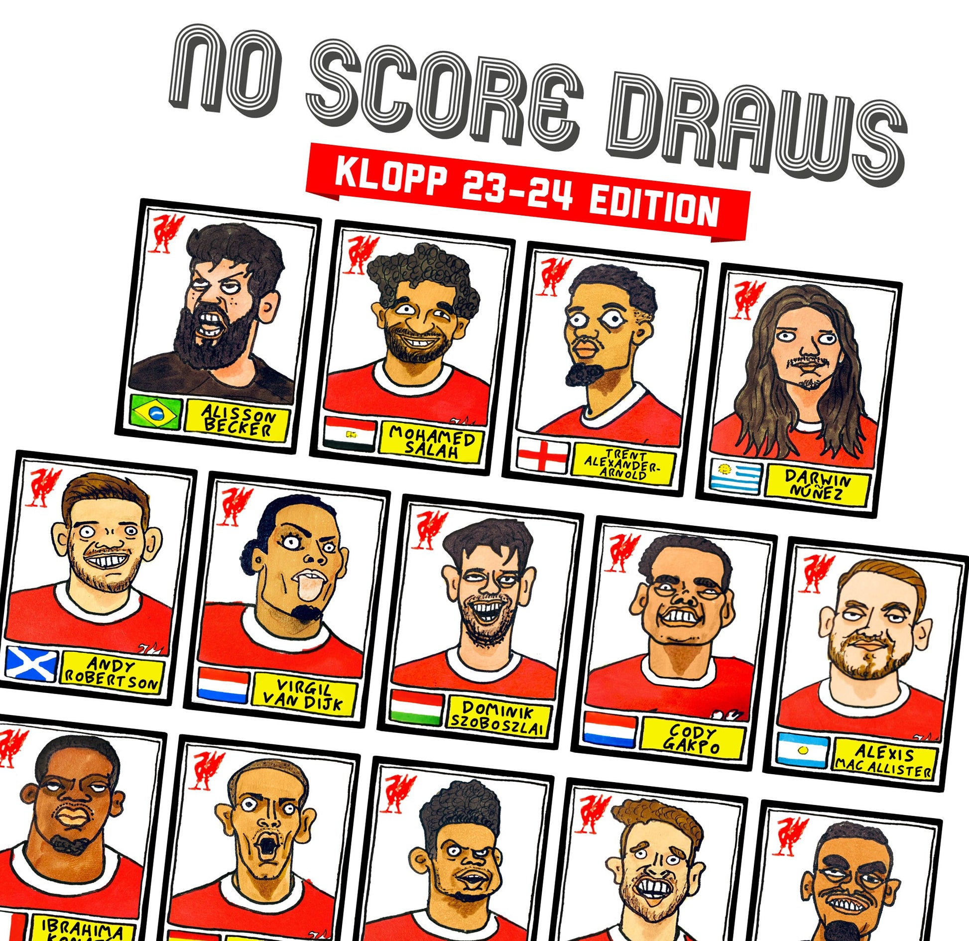 Liverpool Vol 5 - No Score Draws Klopp 23-24 Edition - A3 print of 25 hand-drawn Panini-style Doodles of Jurgen Klopp's LFC 23-24 EPL Squad