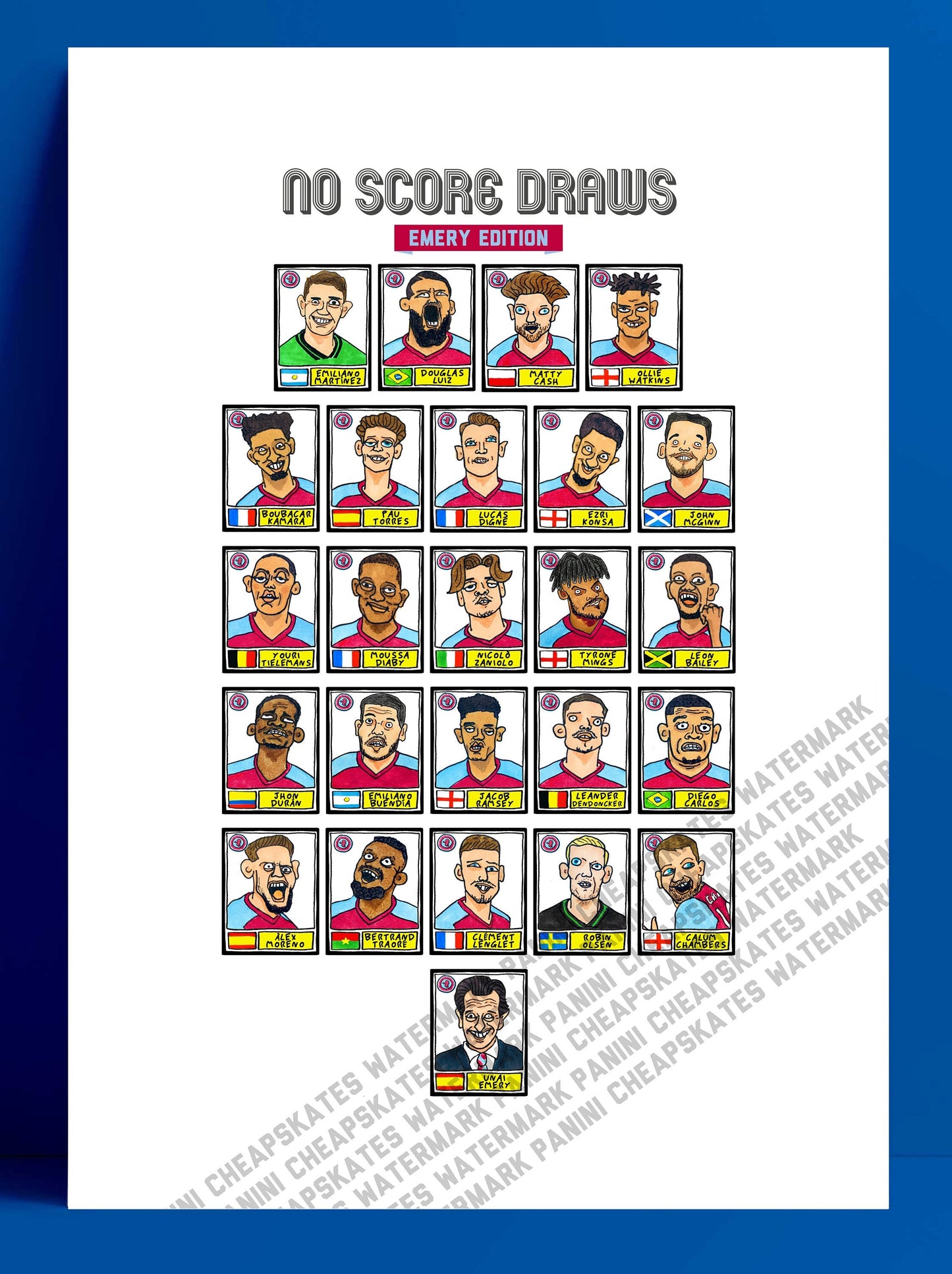 Aston Villa Volume 2 - No Score Draws Emery Edition - A3 print of 25 Wonky Panini-style football doodles of Unai Emery's 23-24 AVFC Side