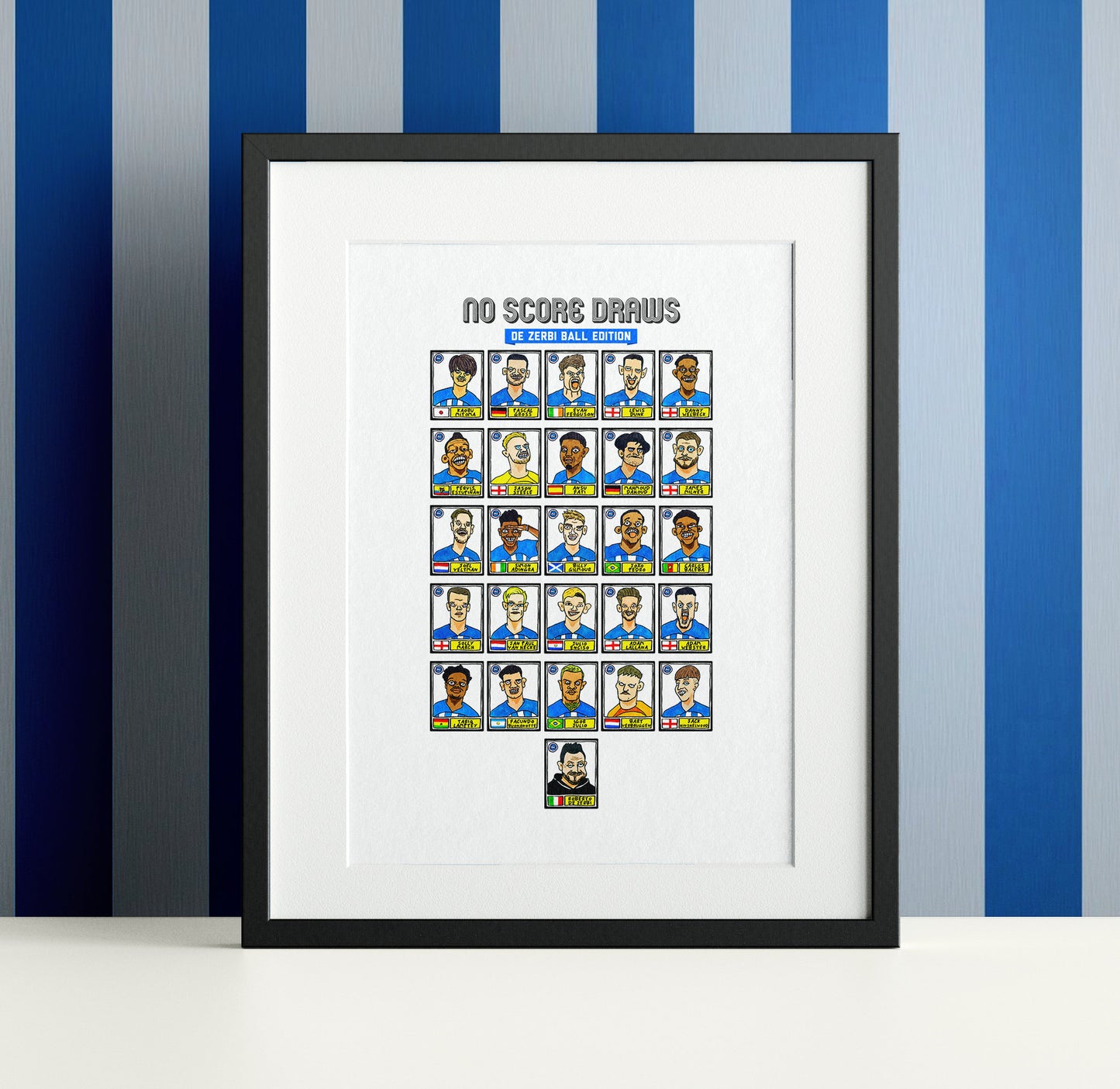 Brighton Vol 2 - No Score Draw De Zerbi Ball Edition - A3 print of 26 hand-drawn Panini-style wonky doodles of De Zerbi's BHAFC 23/24 Team