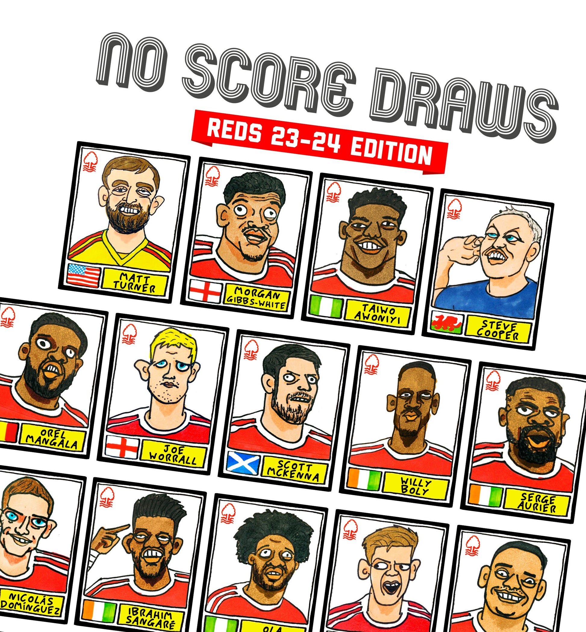 Nottingham Forest Vol 4 - No Score Draw Reds 23/24 Edition - A3 print of 28 hand-drawn Panini-style doodles of Steve Cooper's 23/24 NFFC