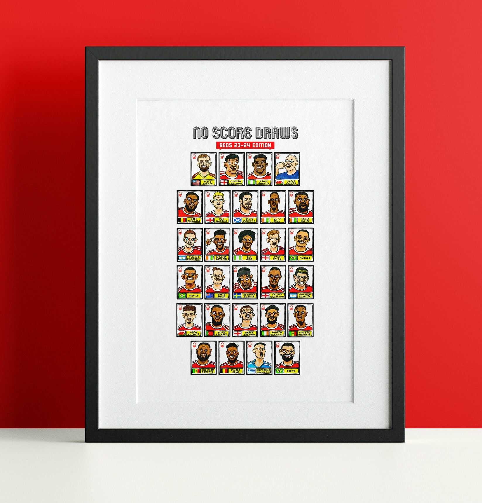 Nottingham Forest Vol 4 - No Score Draw Reds 23/24 Edition - A3 print of 28 hand-drawn Panini-style doodles of Steve Cooper's 23/24 NFFC