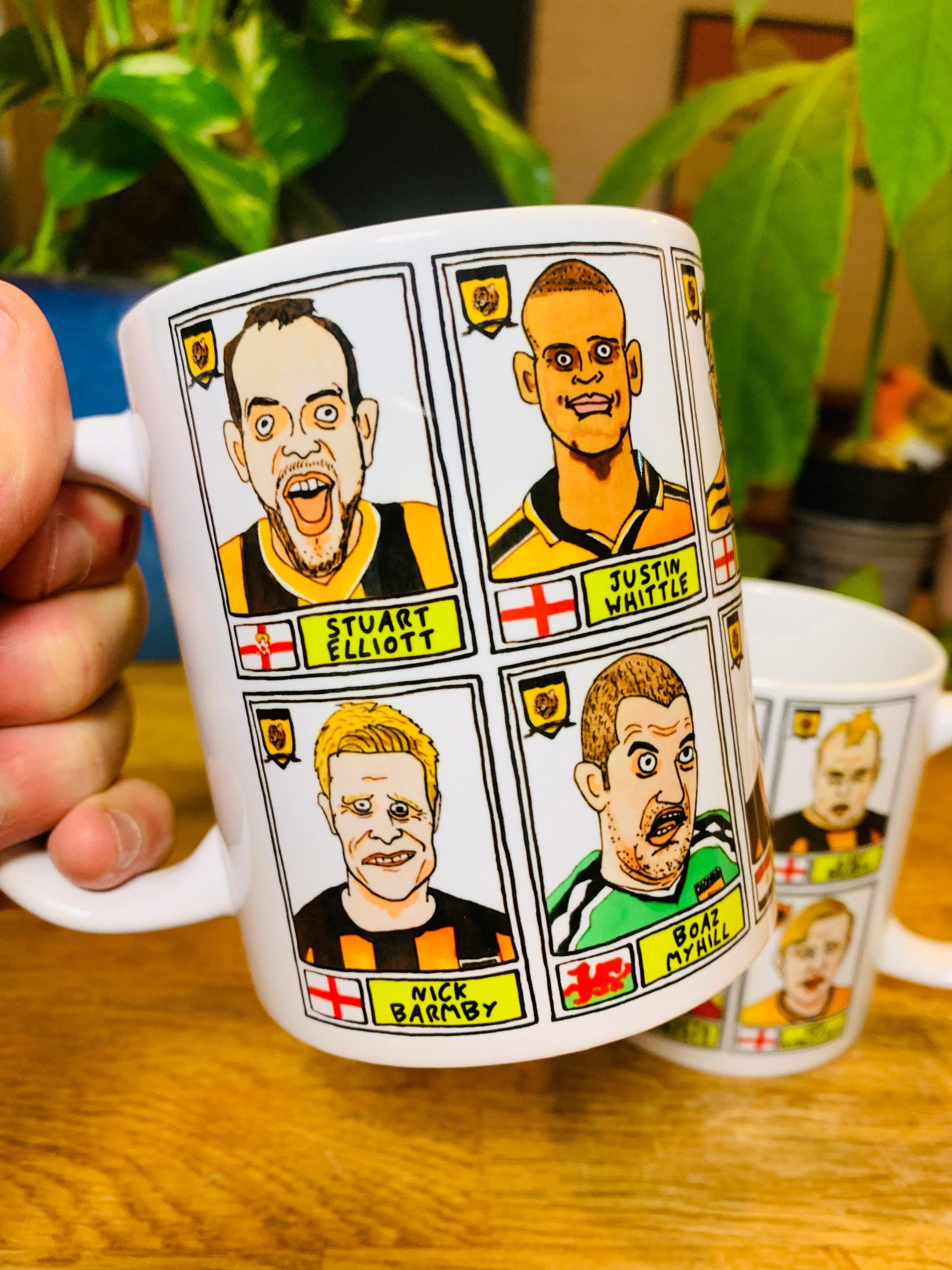 Hull City Vol 1 Mug Set - Set of TWO 11oz Ceramic Mugs with Wonky Panini sticker-style No Score Draws Doodles of 24 badly-drawn Tigers icons