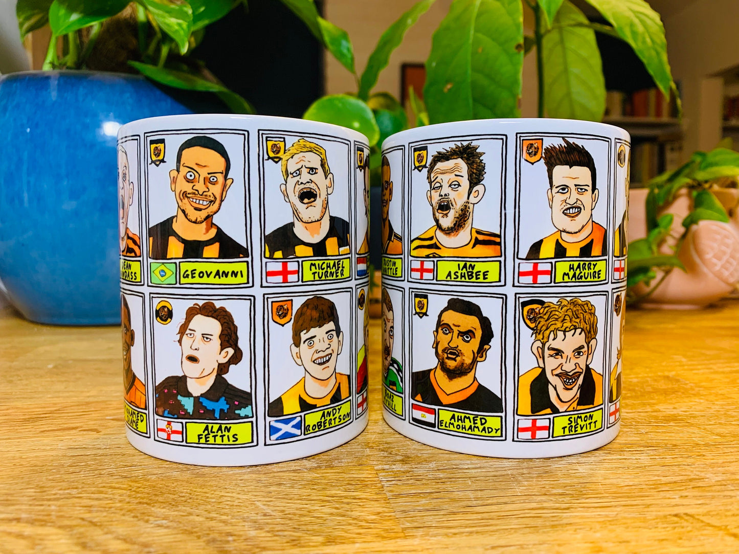 Hull City Vol 1 Mug Set - Set of TWO 11oz Ceramic Mugs with Wonky Panini sticker-style No Score Draws Doodles of 24 badly-drawn Tigers icons