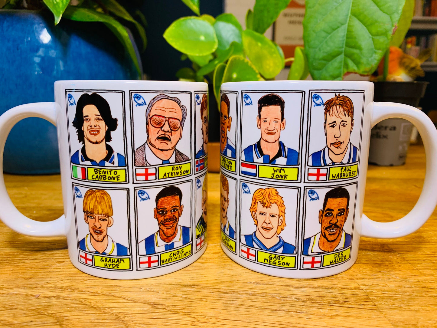 Sheffield Wednesday - Set of TWO 11oz Ceramic Mugs with Wonky Panini sticker-style No Score Draws Doodles of 24 Owls icons - SWFC