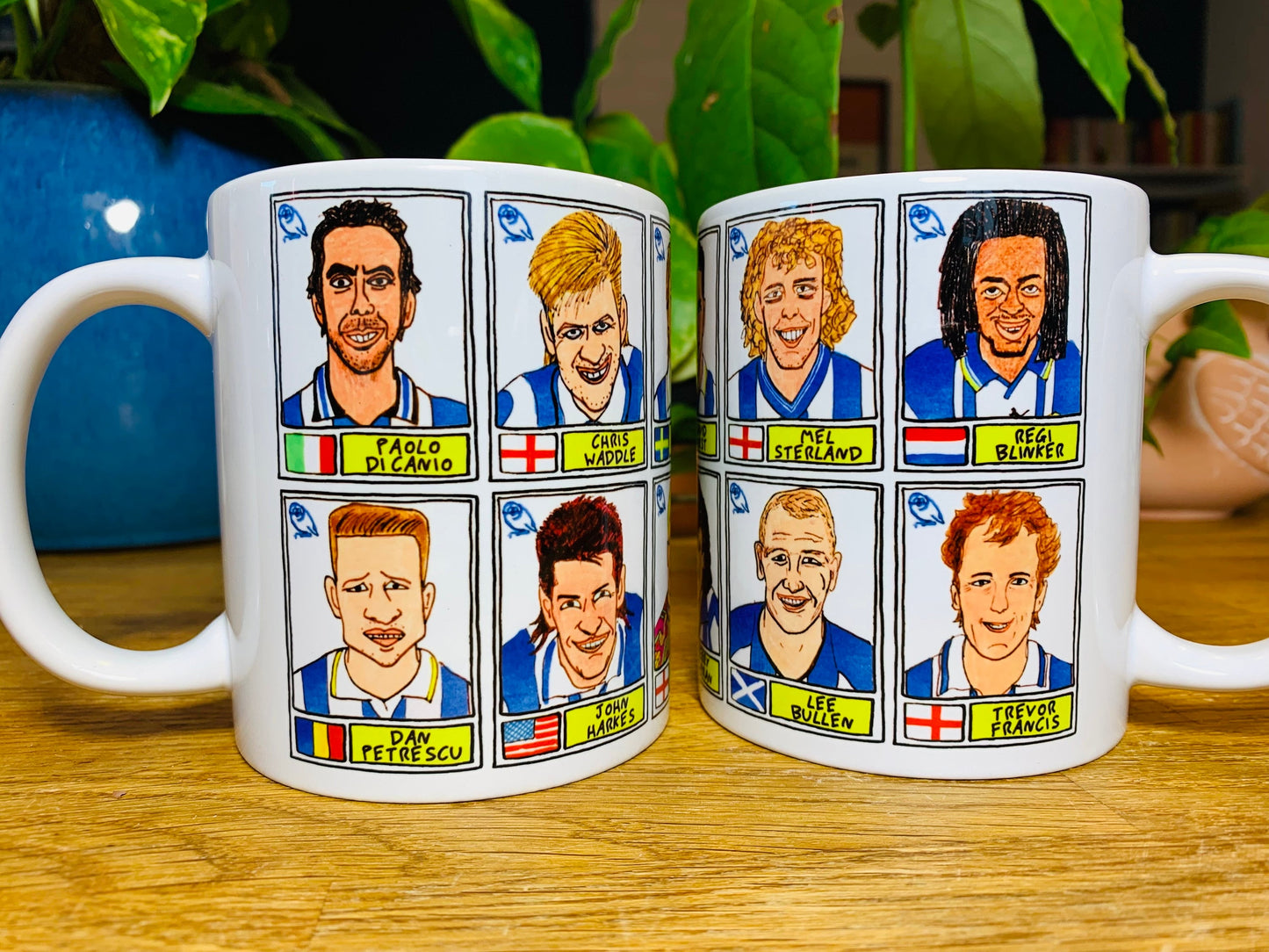 Sheffield Wednesday - Set of TWO 11oz Ceramic Mugs with Wonky Panini sticker-style No Score Draws Doodles of 24 Owls icons - SWFC