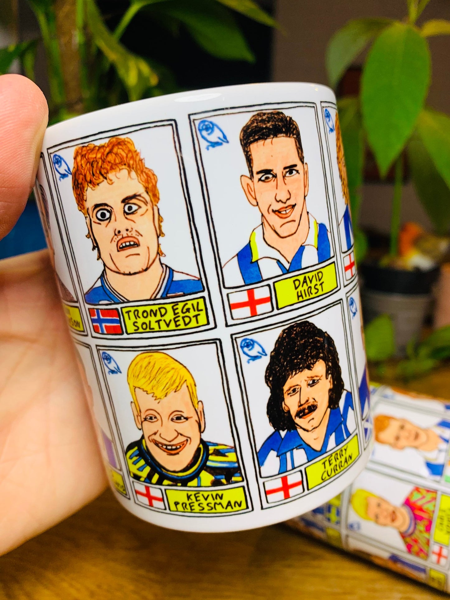 Sheffield Wednesday - Set of TWO 11oz Ceramic Mugs with Wonky Panini sticker-style No Score Draws Doodles of 24 Owls icons - SWFC