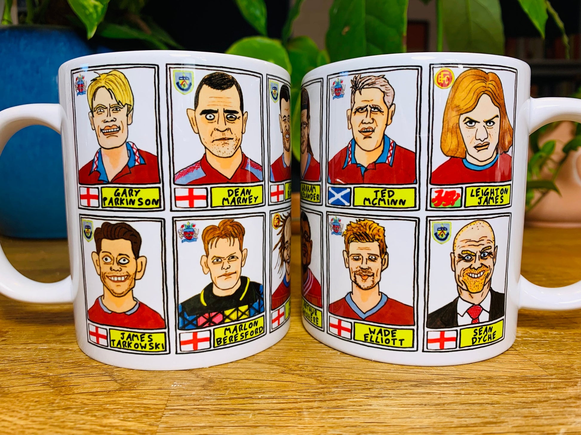 Burnley No Score Draws Mug Set - Set of TWO 11oz Ceramic Mugs with Wonky Panini sticker-style Clarets No Score Draws Doodles