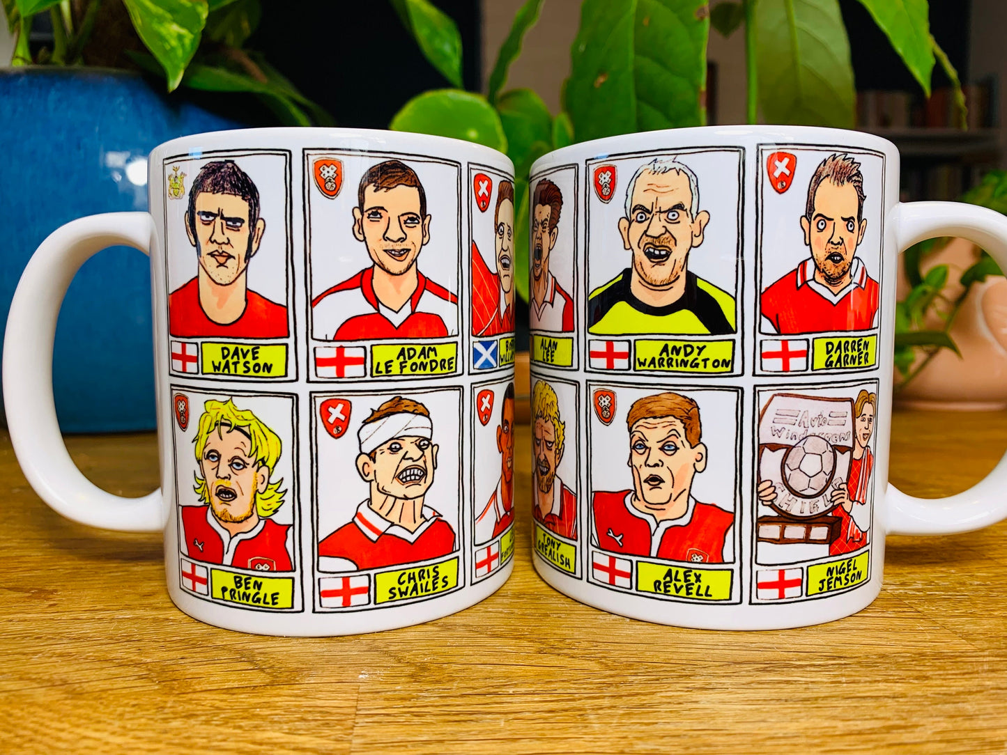 Rotherham United No Score Draws Mug Set - Set of TWO 11oz Ceramic Mugs with Wonky Panini sticker-style RUFC Millers No Score Draws Doodles