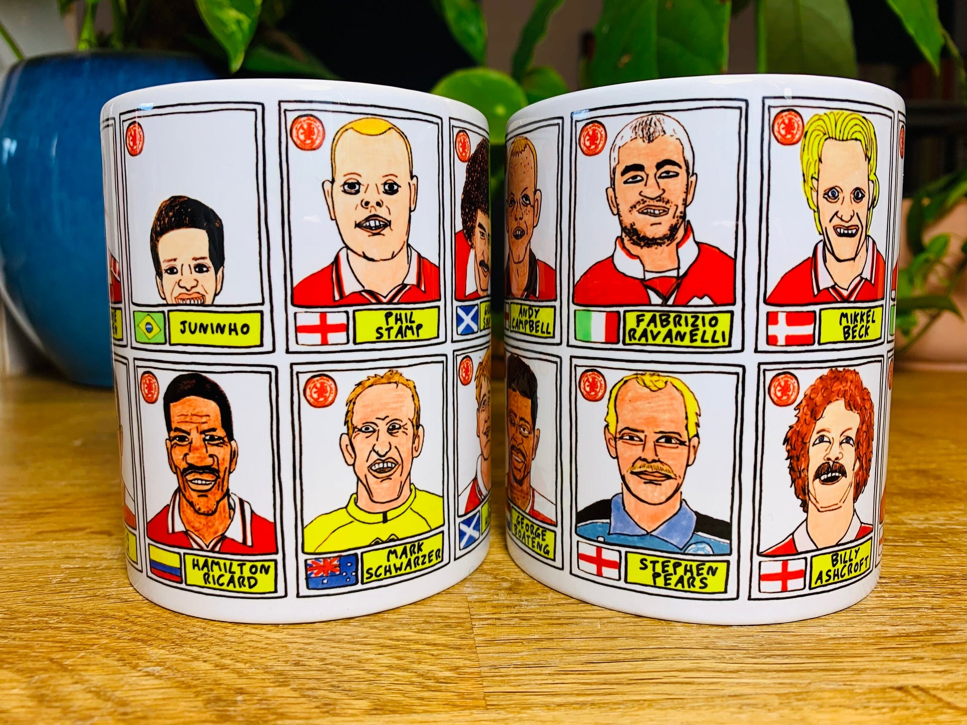 Middlesbrough No Score Draws Mug Set - Set of TWO 11oz Ceramic Mugs with Wonky Panini sticker-style No Score Draws Doodles of 24 Boro Icons