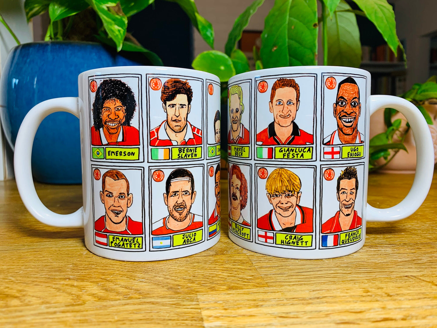 Middlesbrough No Score Draws Mug Set - Set of TWO 11oz Ceramic Mugs with Wonky Panini sticker-style No Score Draws Doodles of 24 Boro Icons