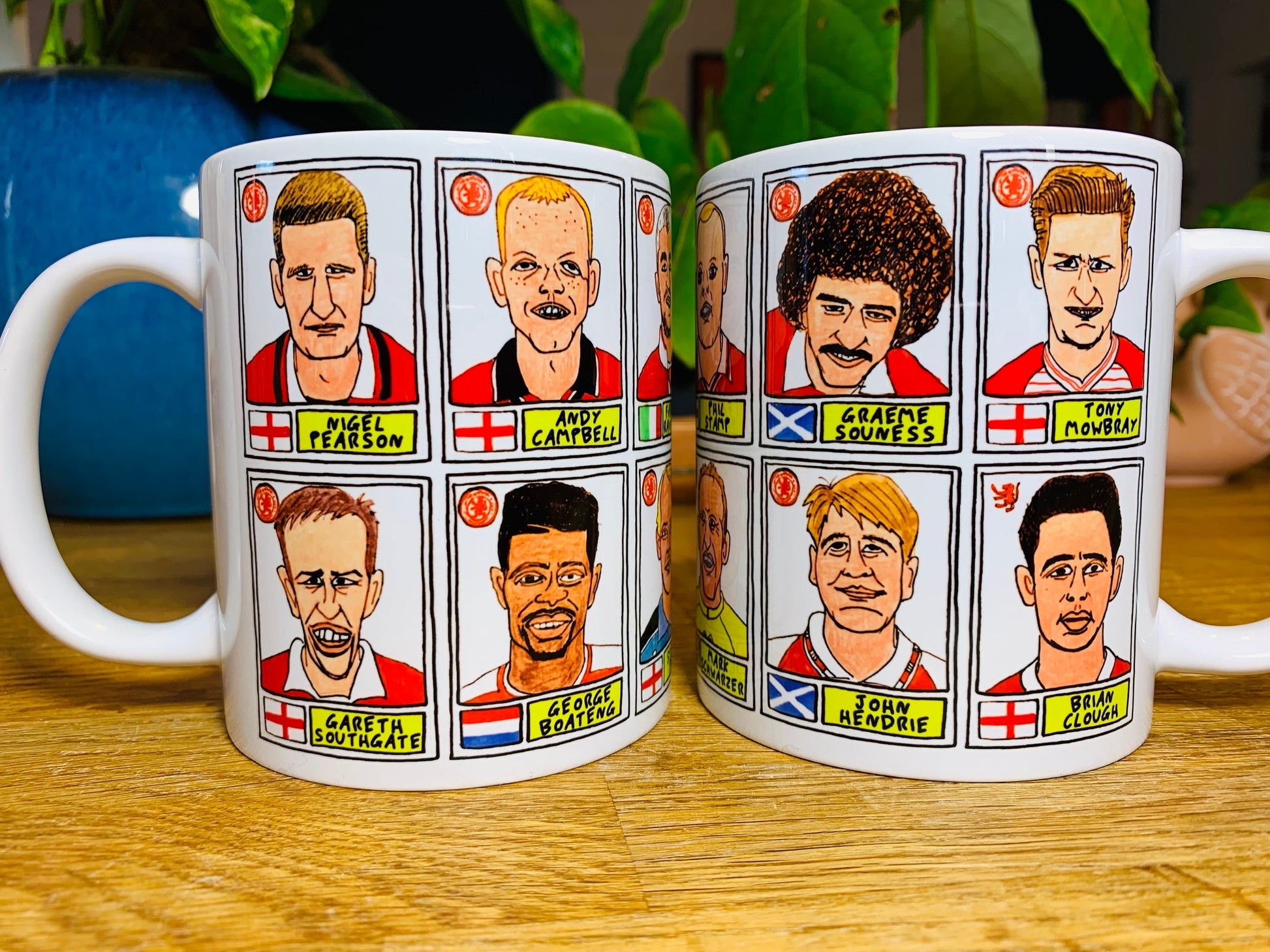 Middlesbrough No Score Draws Mug Set - Set of TWO 11oz Ceramic Mugs with Wonky Panini sticker-style No Score Draws Doodles of 24 Boro Icons