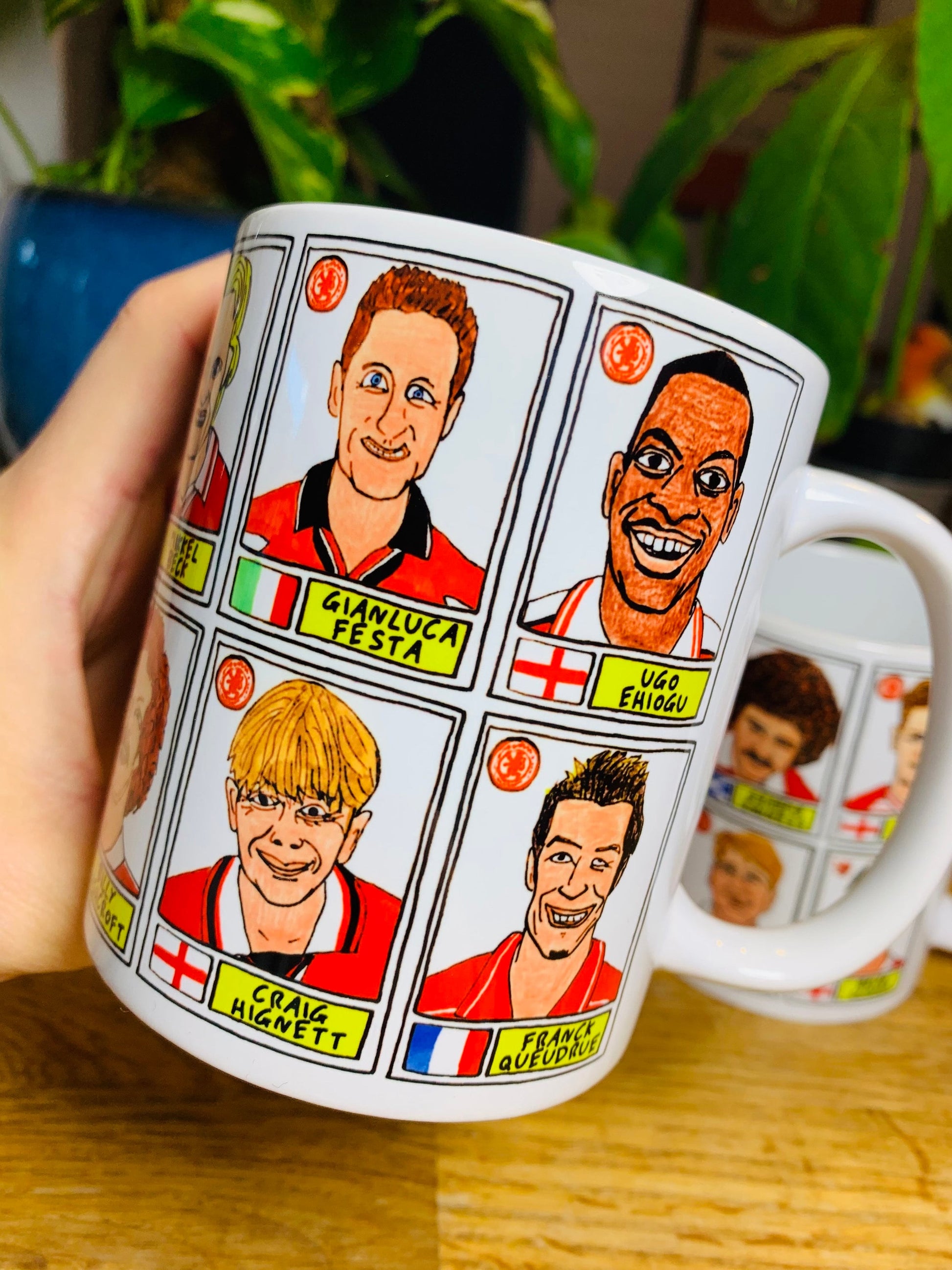 Middlesbrough No Score Draws Mug Set - Set of TWO 11oz Ceramic Mugs with Wonky Panini sticker-style No Score Draws Doodles of 24 Boro Icons