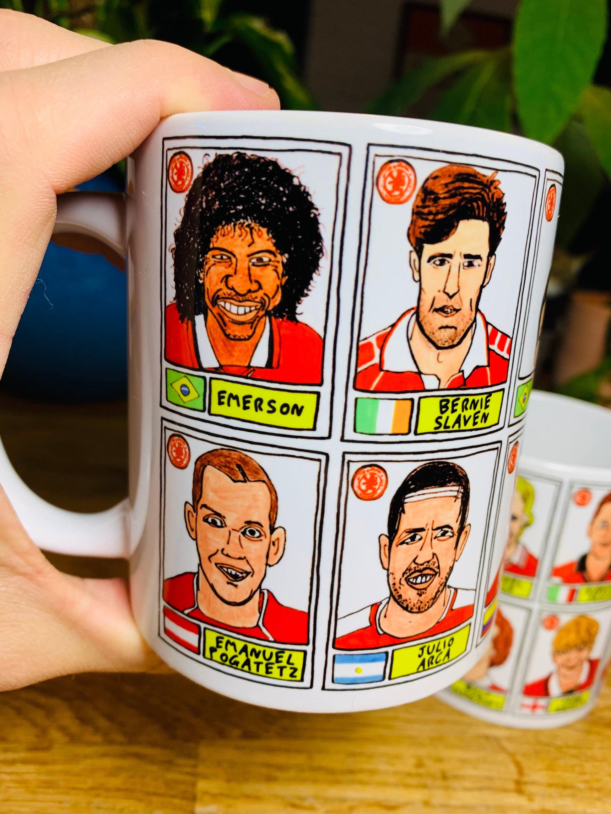 Middlesbrough No Score Draws Mug Set - Set of TWO 11oz Ceramic Mugs with Wonky Panini sticker-style No Score Draws Doodles of 24 Boro Icons